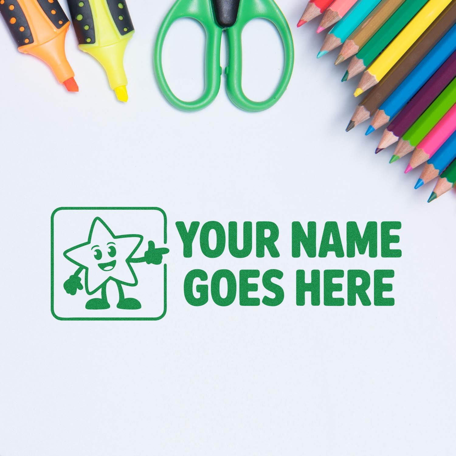 Custom rubber stamp design with pencils and scissors, featuring a personalized Your Name Goes Here school stamp layout.