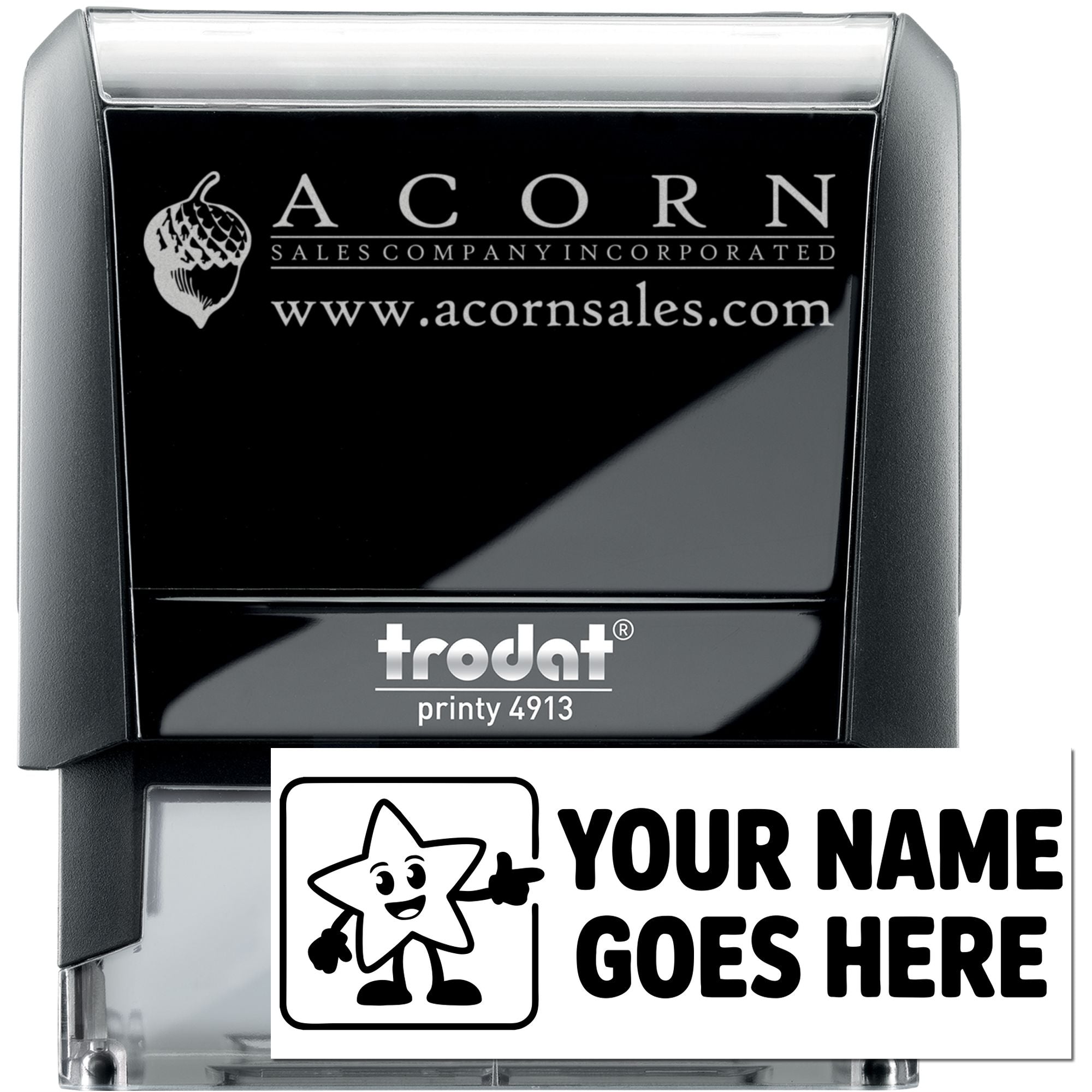 Custom self-inking Trodat Printy 4913 rubber stamp with Acorn Sales logo and personalized business name design.