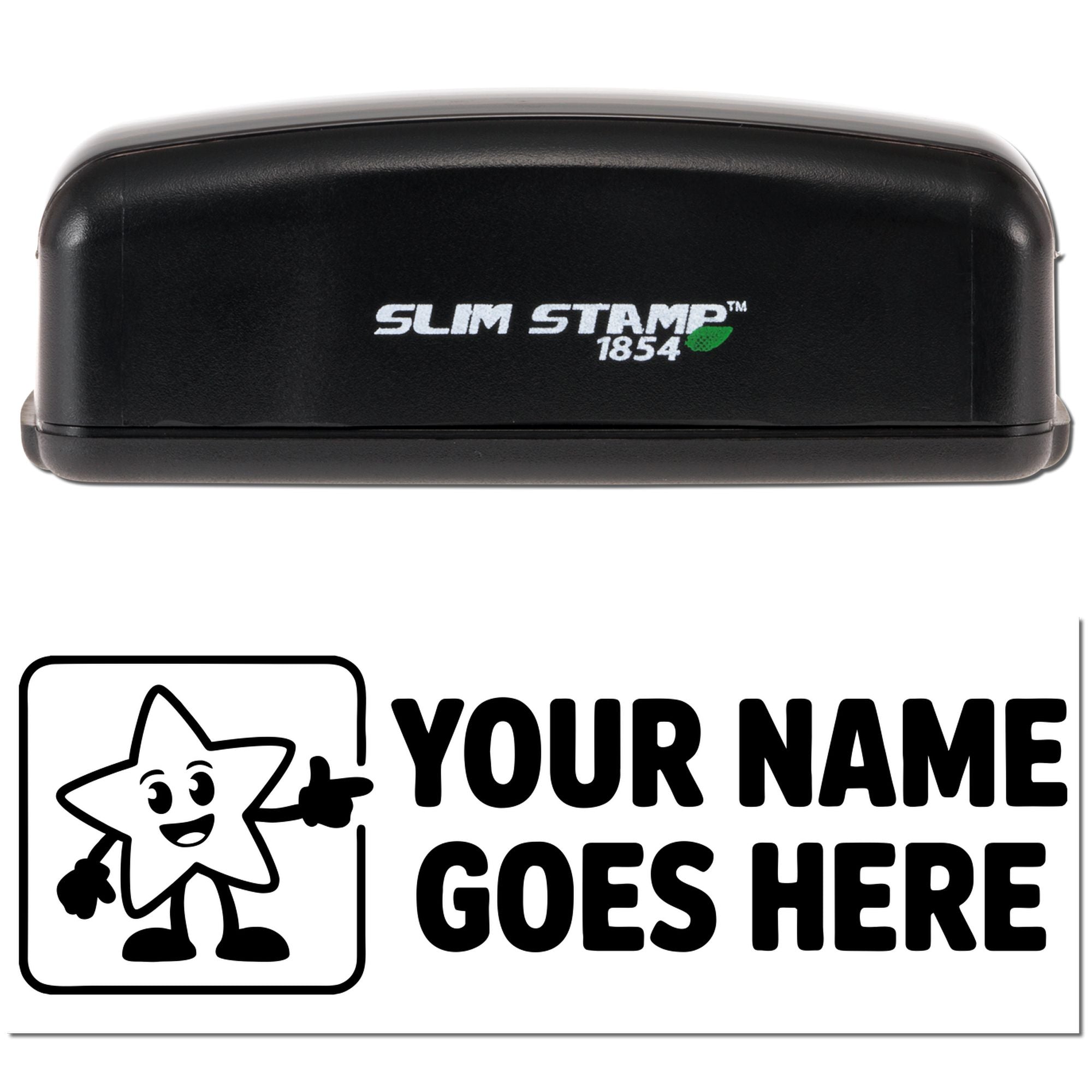 Custom rubber stamp with Slim Stamp 1854 and sample imprint reading Your Name Goes Here for personalized branding.