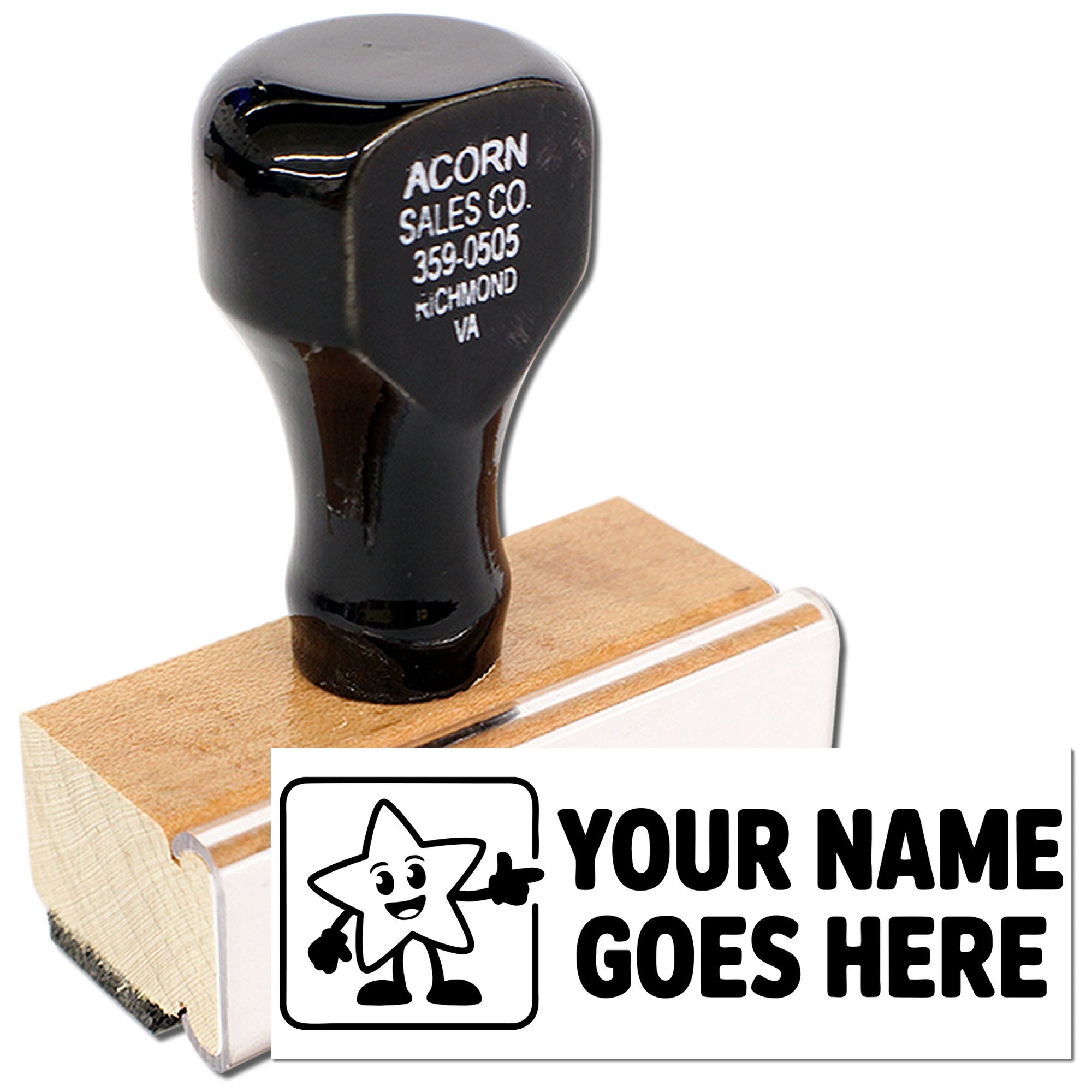 Custom wooden rubber stamp with personalized name design for business branding, office use, and product labeling.