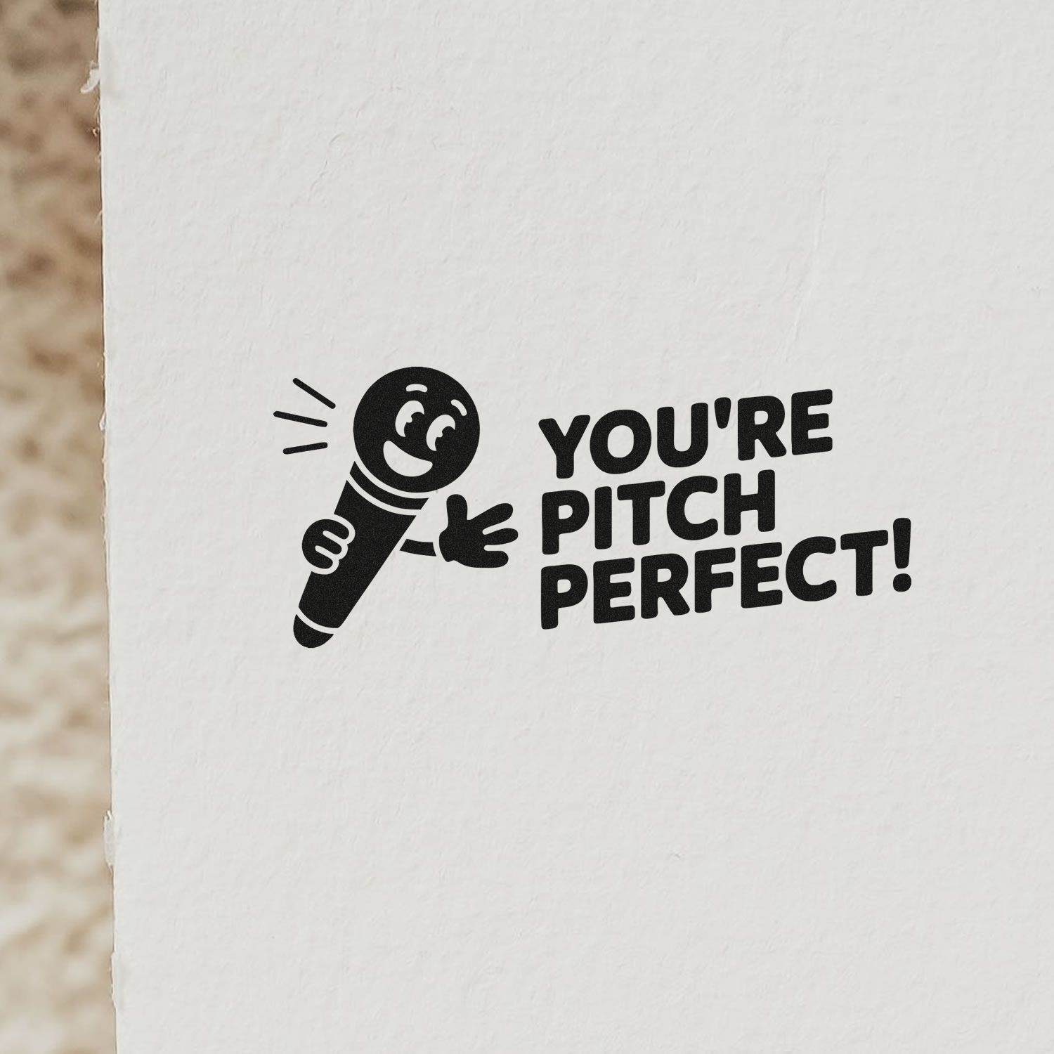 Custom rubber stamp with smiling microphone and Youre Pitch Perfect! text for choir, karaoke, and music gifts.