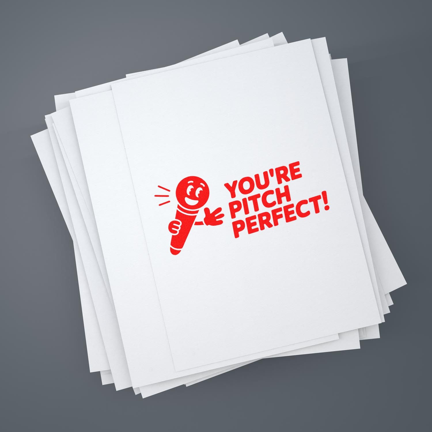 Custom rubber stamp with microphone icon and Youre Pitch Perfect! for music, karaoke, or talent show promotions.