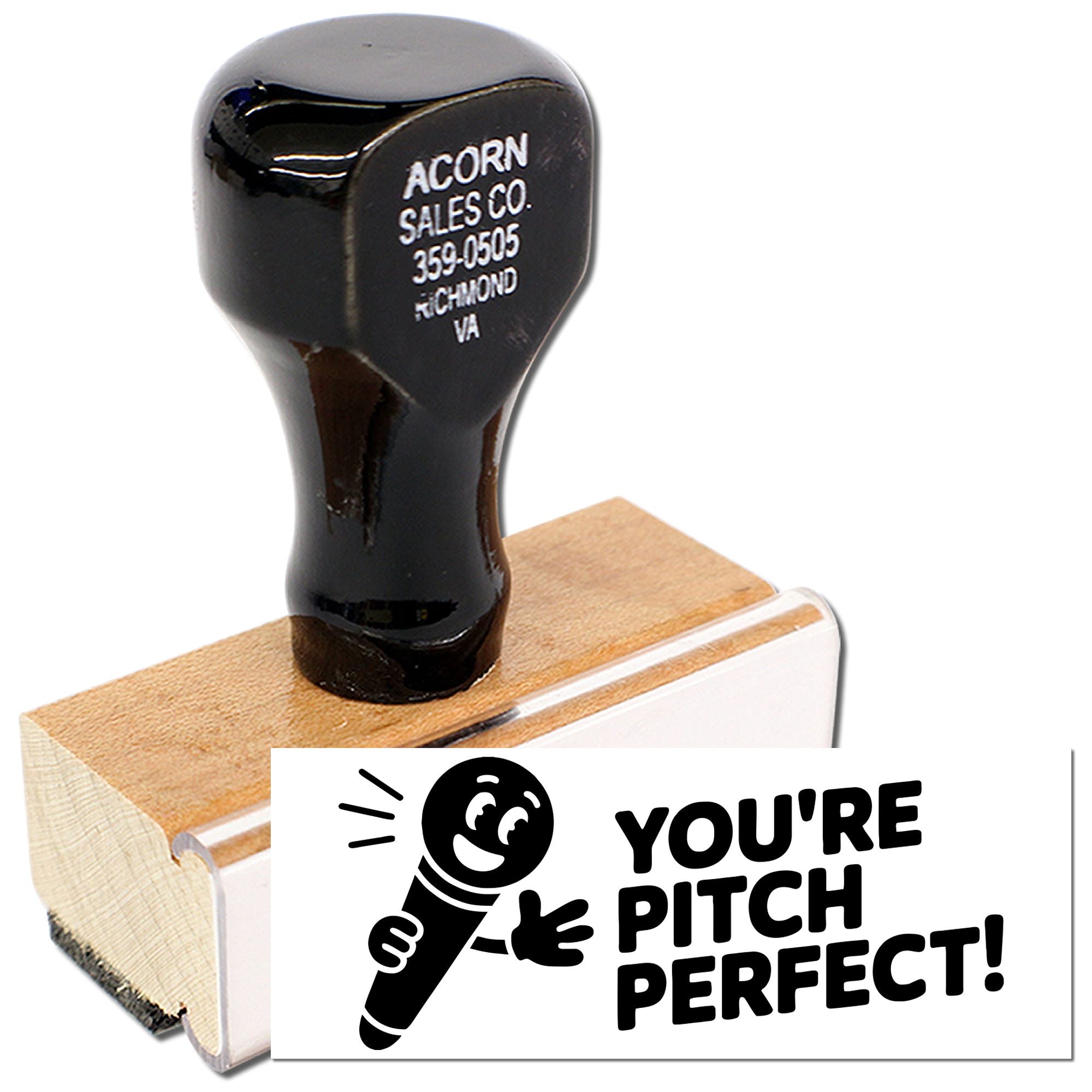 Custom rubber stamp with Youre Pitch Perfect! microphone graphic, ideal for music-themed crafts and teacher rewards.