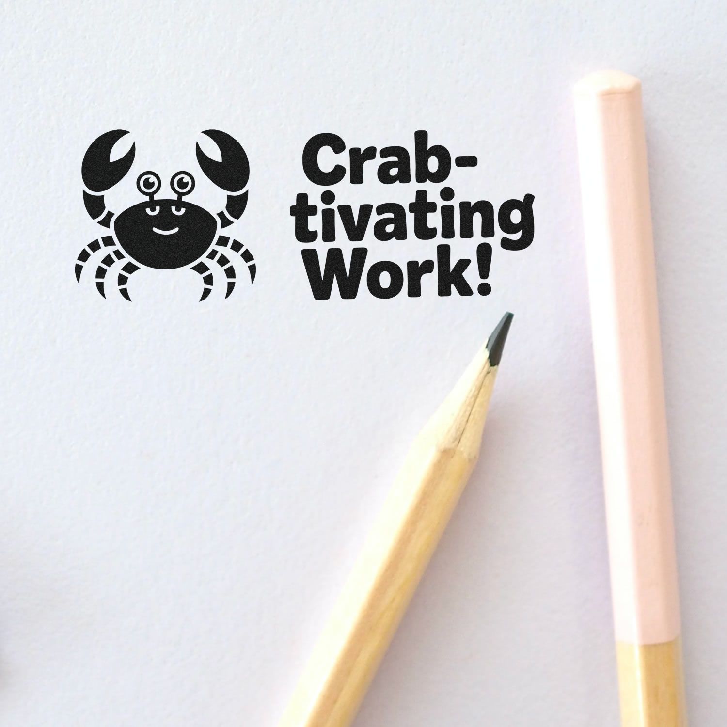 "Crab-tivating Work!" rubber stamp design with a smiling crab icon for fun office, classroom, or stationery use.