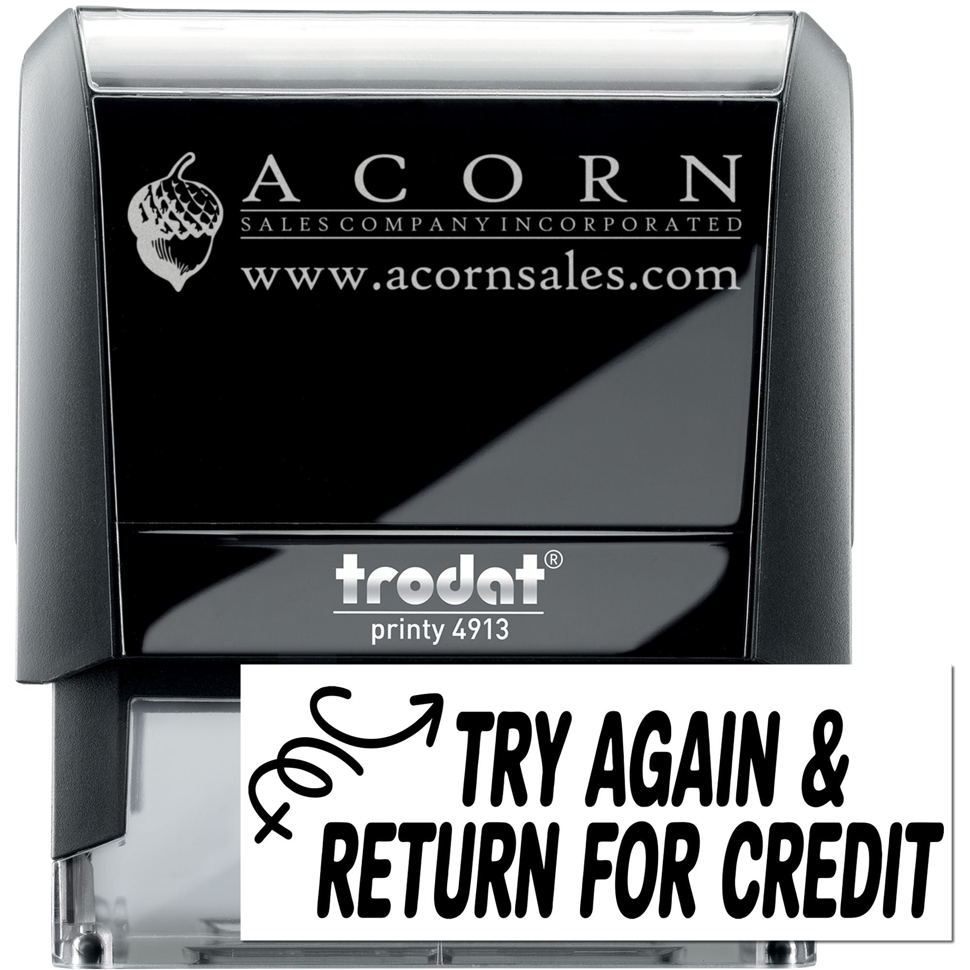 Trodat Printy 4913 custom self-inking rubber stamp with Acorn Sales logo and return for credit imprint.