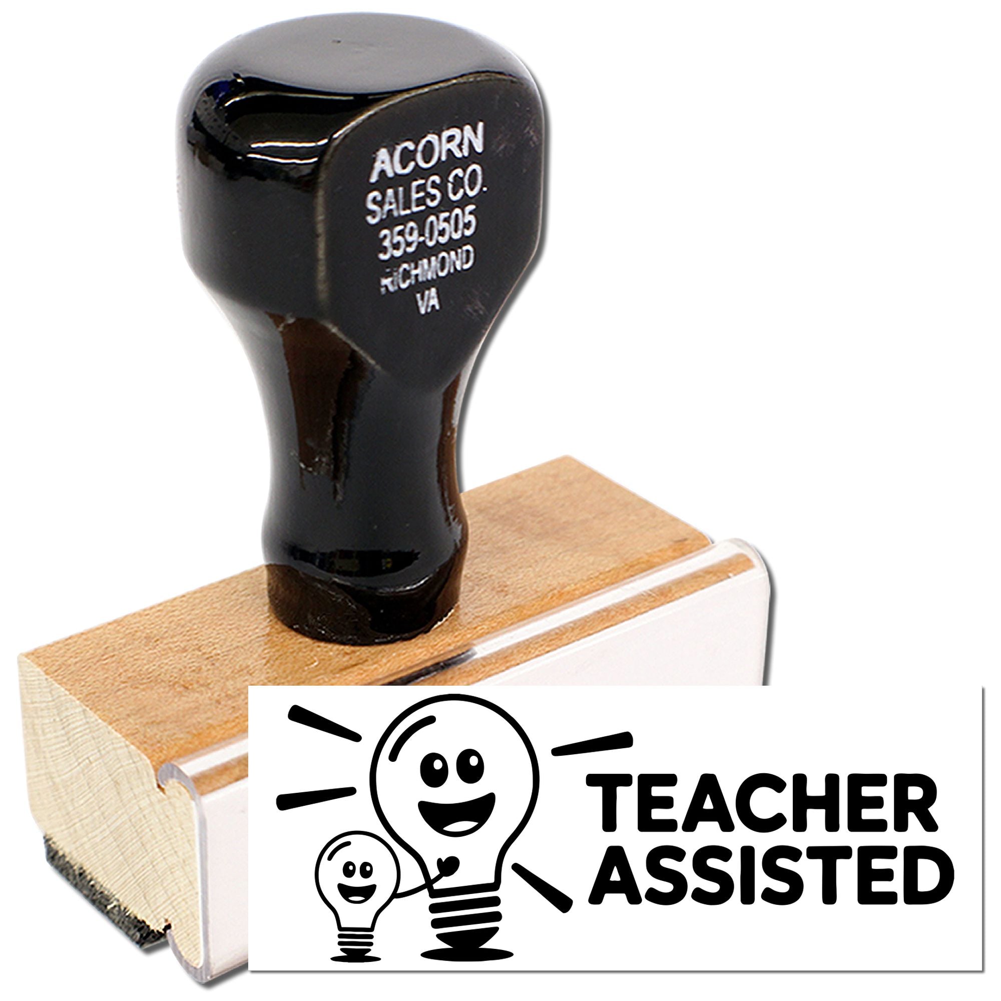 Teacher Assisted rubber stamp with lightbulb design and wooden base for classroom grading, feedback, and support.
