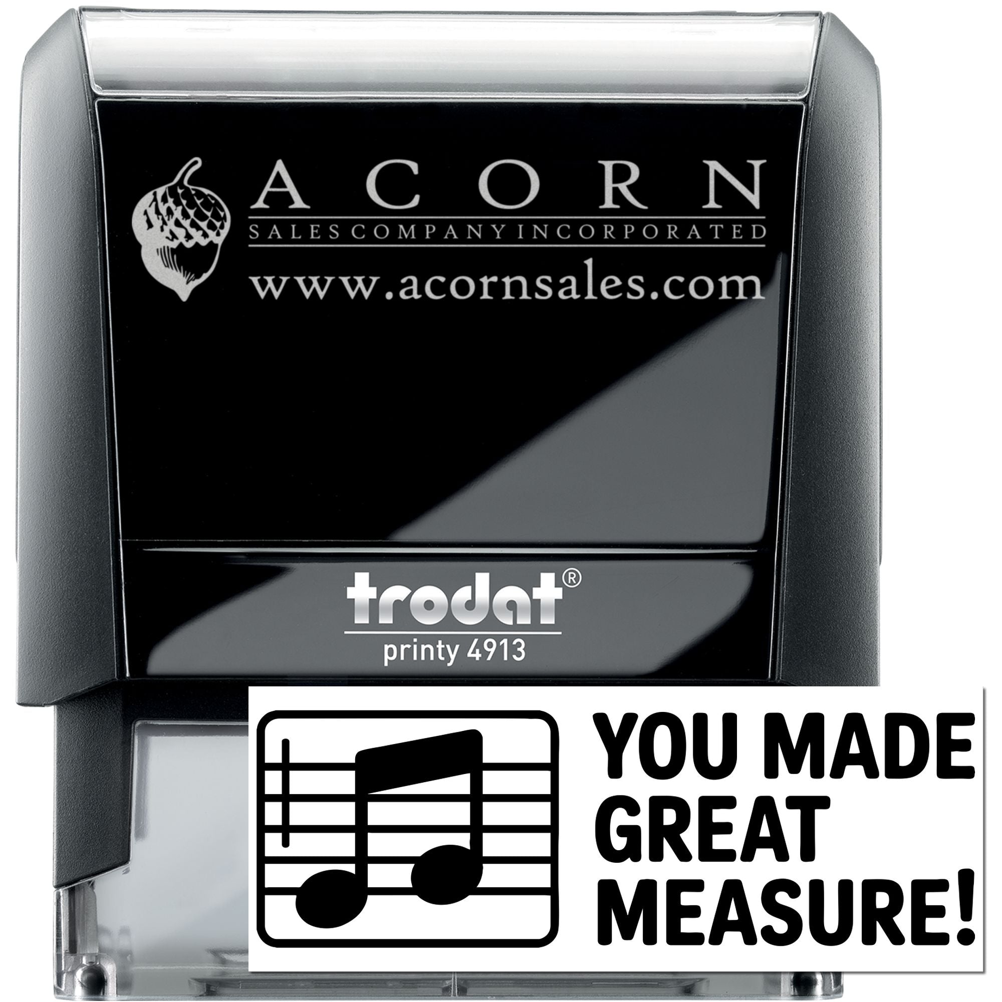 Custom Trodat Printy 4913 self-inking rubber stamp for Acorn Sales Company with logo, website and slogan.