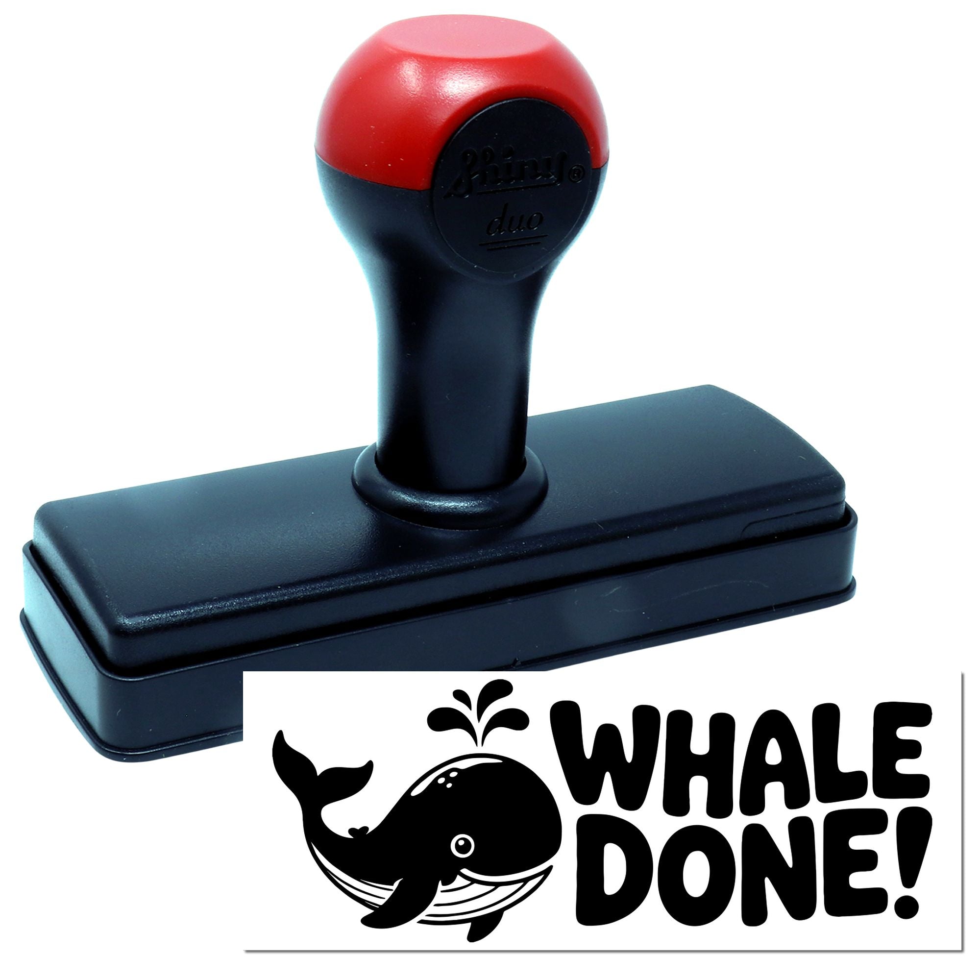 Self-inking rubber stamp with Whale Done! whale design for custom reward and classroom stamping.