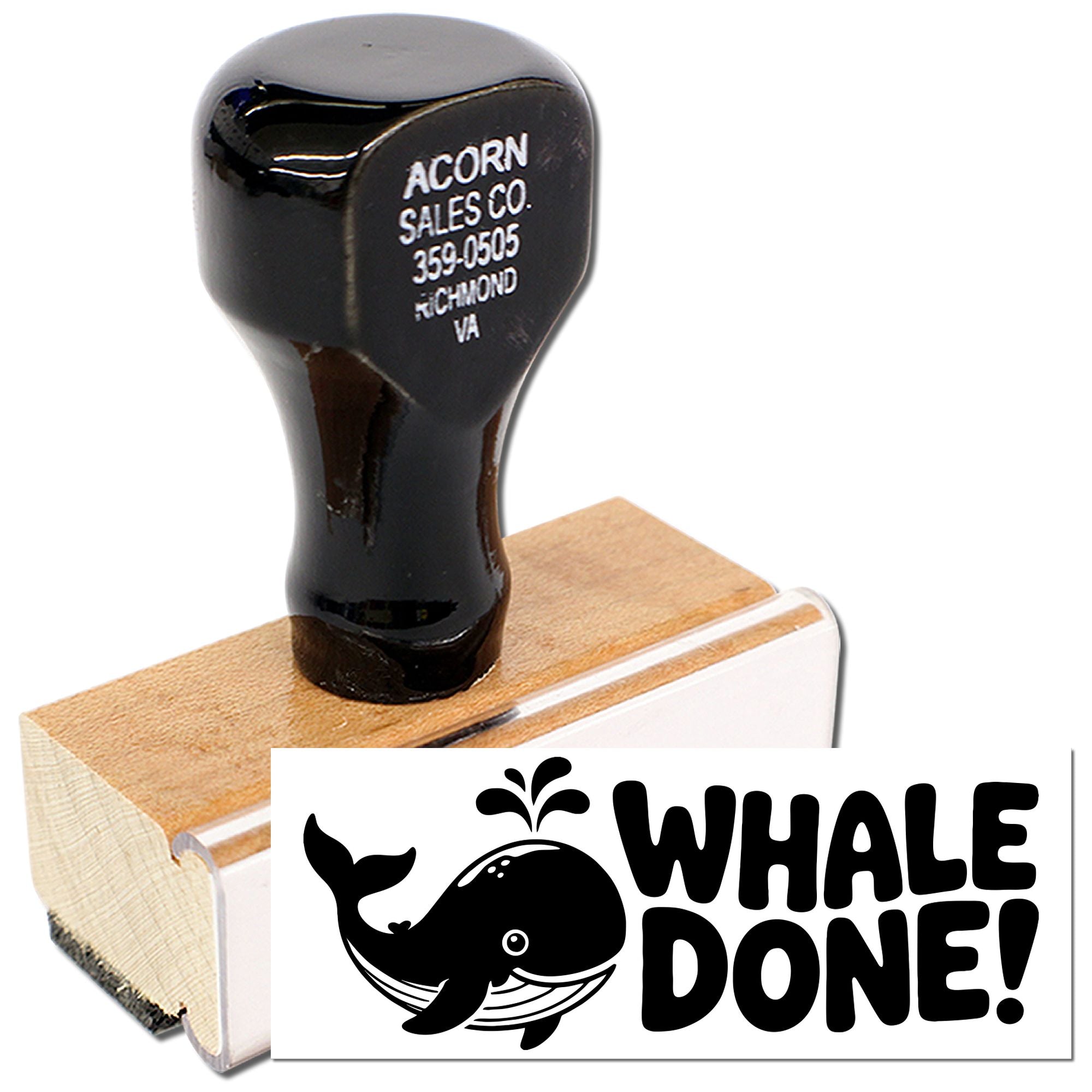 Whale Done! custom rubber stamp with whale graphic, ideal for teacher rewards, office approvals, and craft projects.