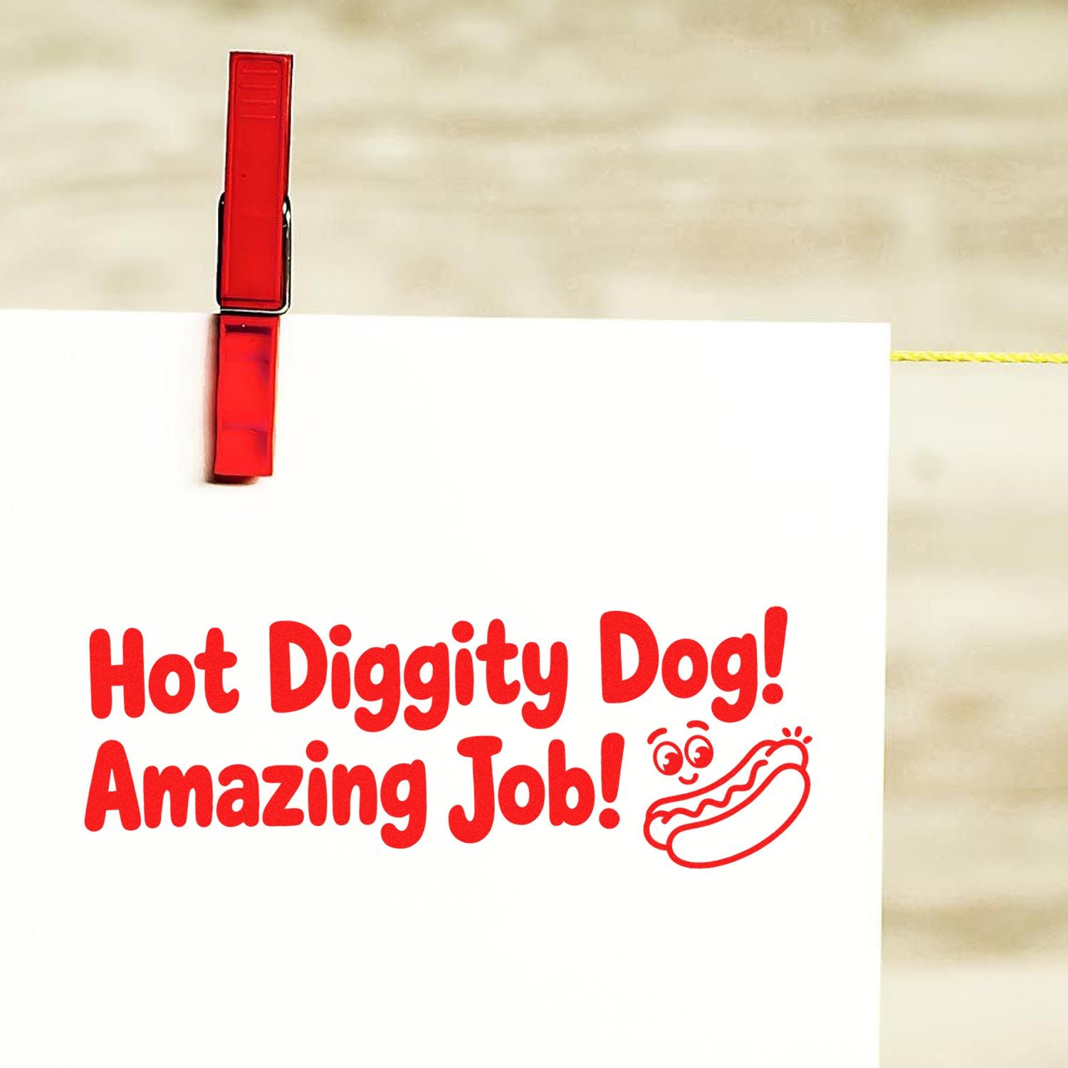 Hot Diggity Dog! Amazing Job! rubber stamp on paper with hot dog doodle, ideal for classroom or reward cards.