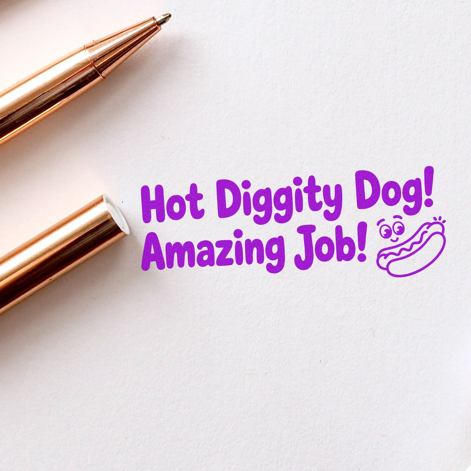 Hot Diggity Dog! Amazing Job! motivational rubber stamp with hot dog icon, ideal for teacher praise and reward slips.