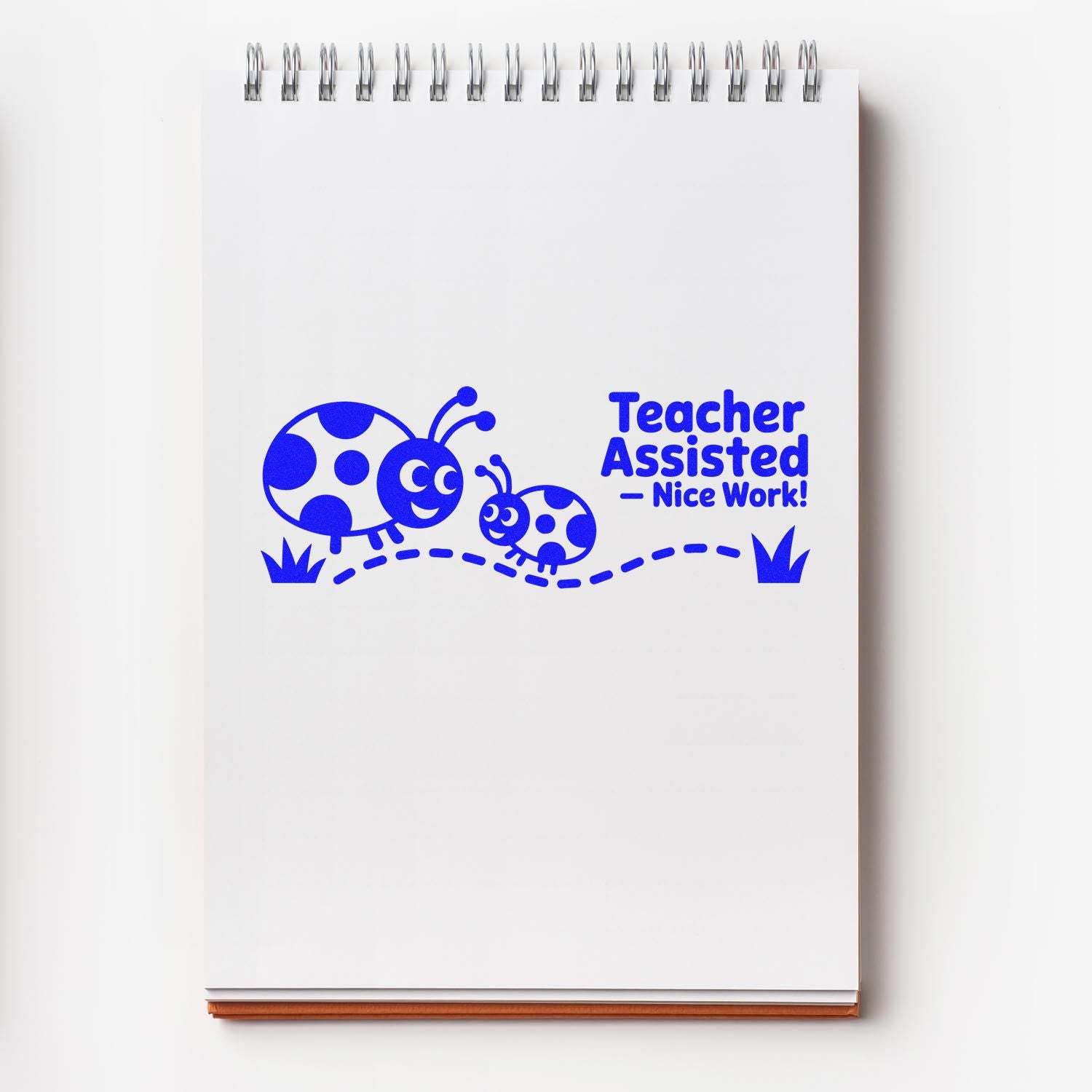 Teacher Assisted Nice Work! ladybug rubber stamp impression for classroom feedback on a notepad.
