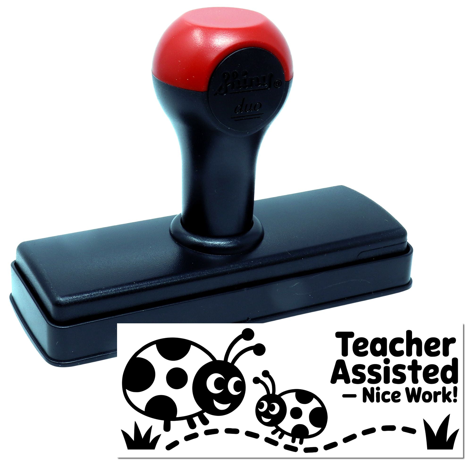 Teacher Assisted Nice Work self-inking rubber stamp with ladybug design for classroom praise and student feedback.