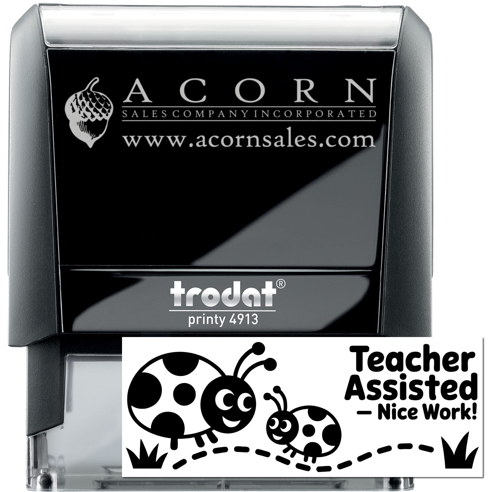 Custom self-inking rubber stamp with business logo and teacher-assisted ladybug design