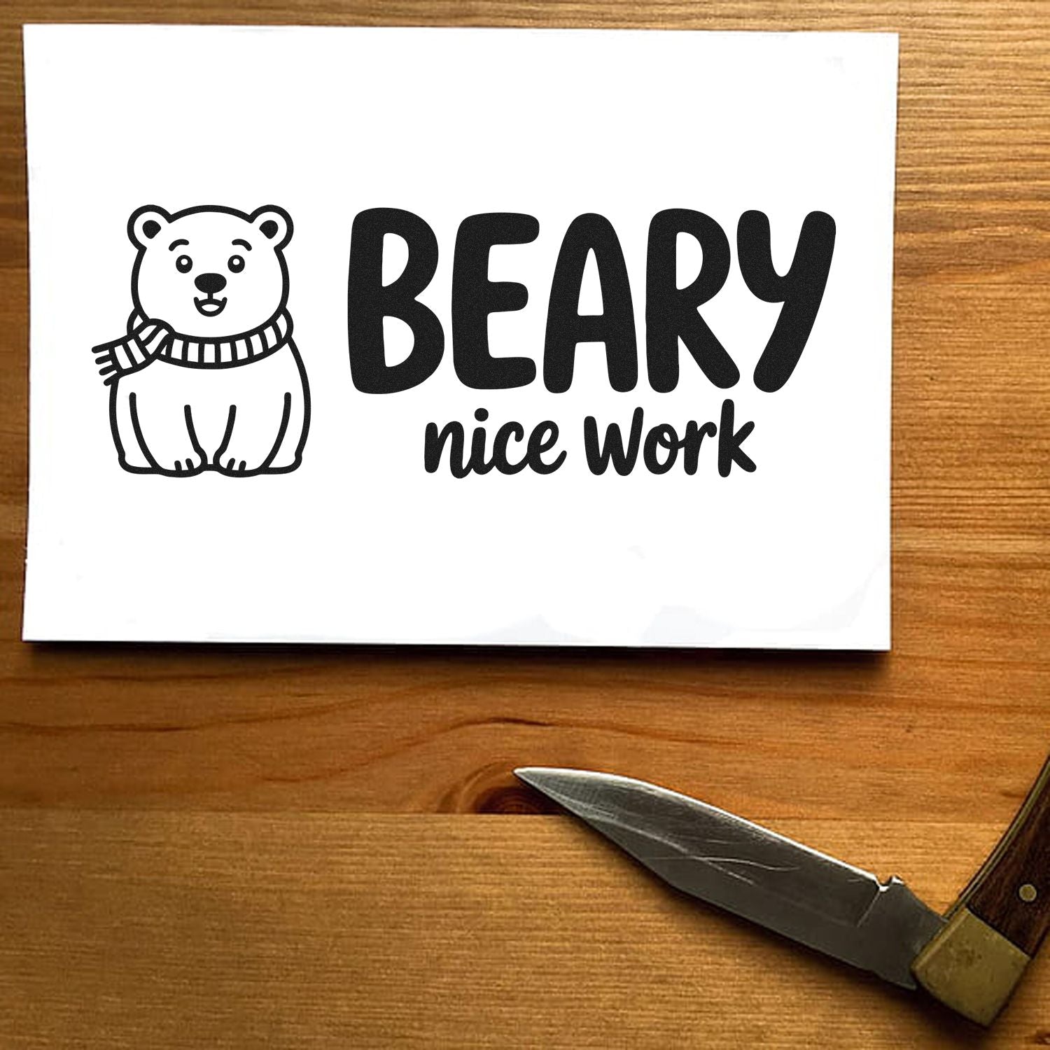 Bear rubber stamp design with Beary Nice Work message, cute encouragement stamp for teacher rewards, crafts, and handmade cards