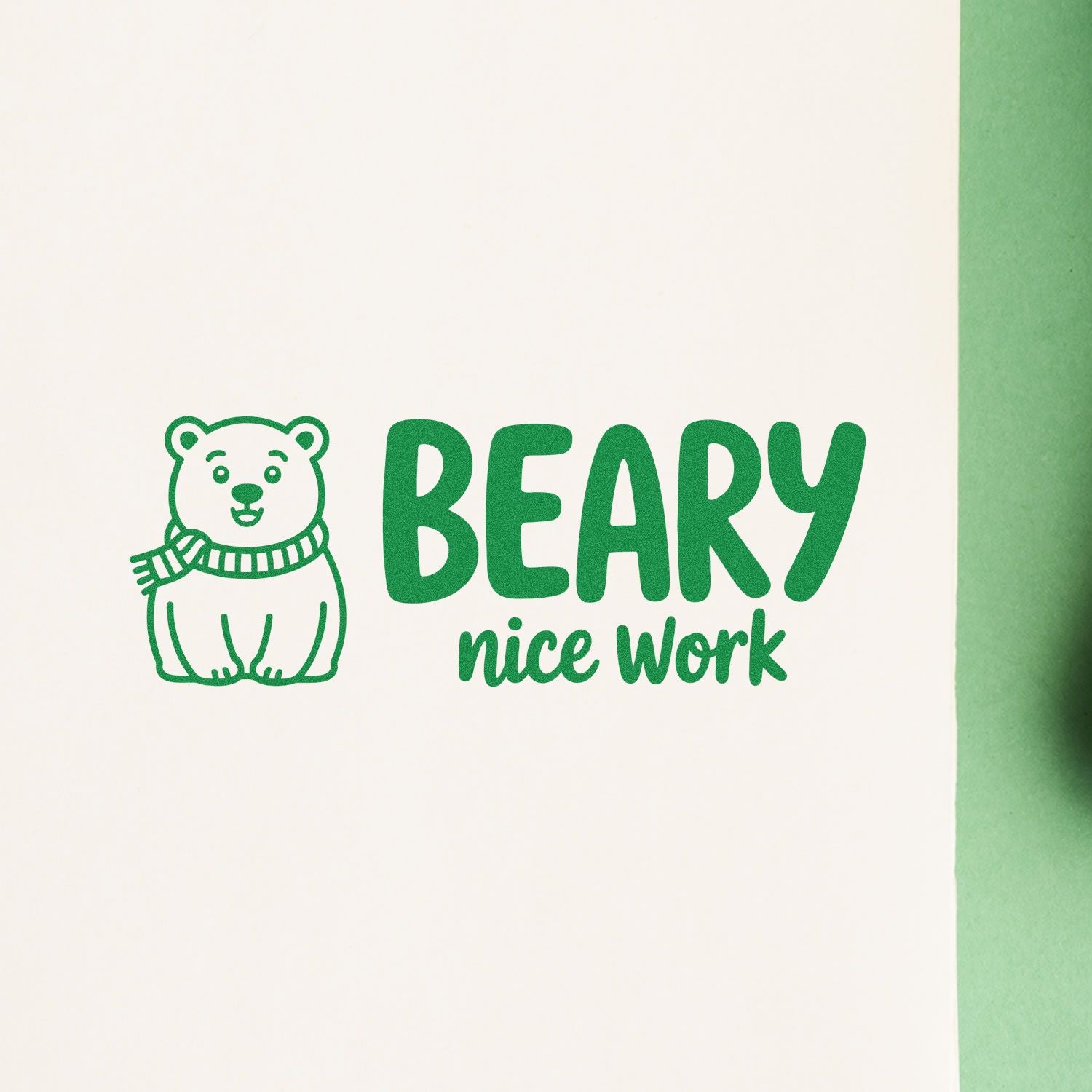 Bear rubber stamp with Beary Nice Work message for teacher praise, kids rewards, and craft projects.