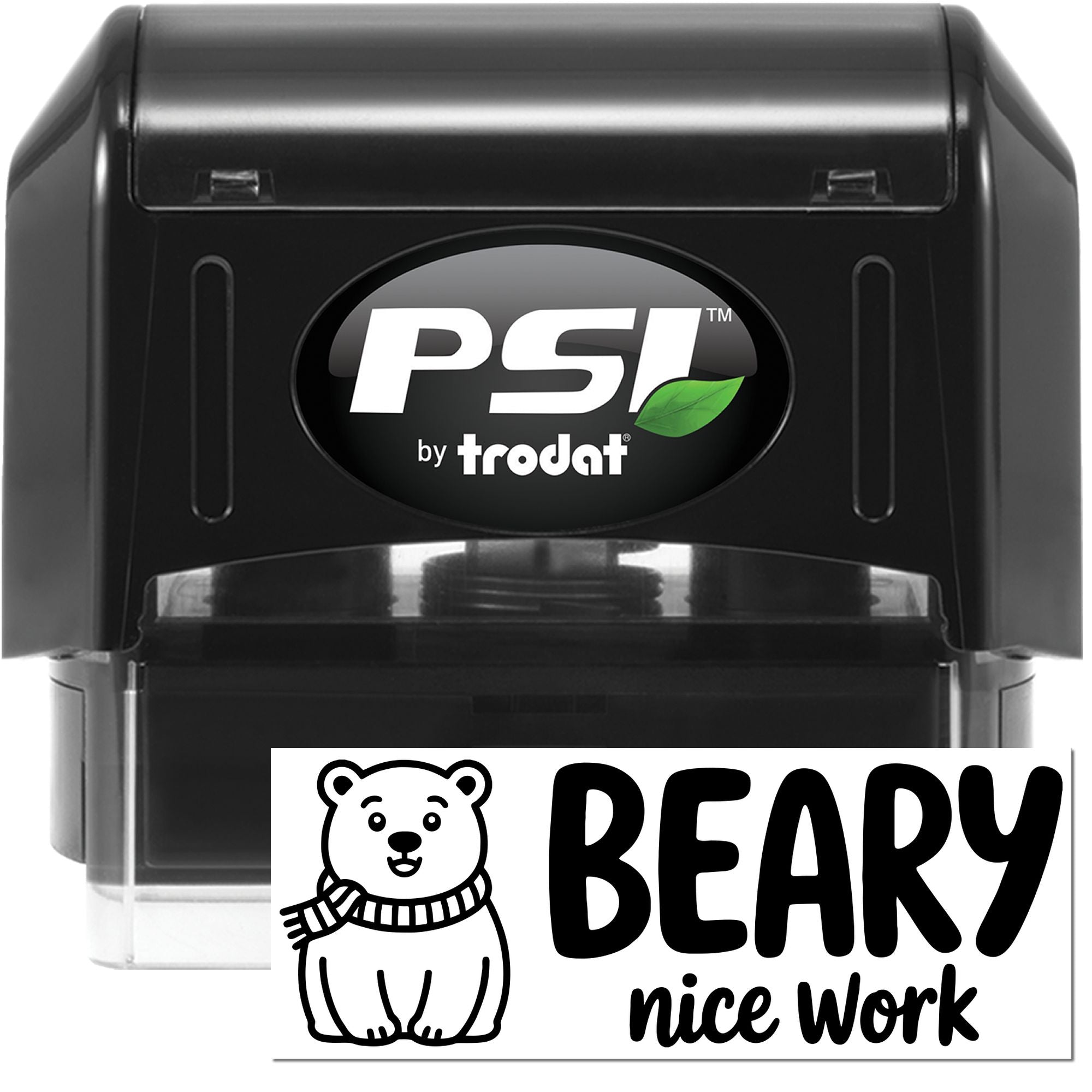 Self-inking bear rubber stamp with Beary Nice Work design, perfect for teacher rewards and classroom feedback.