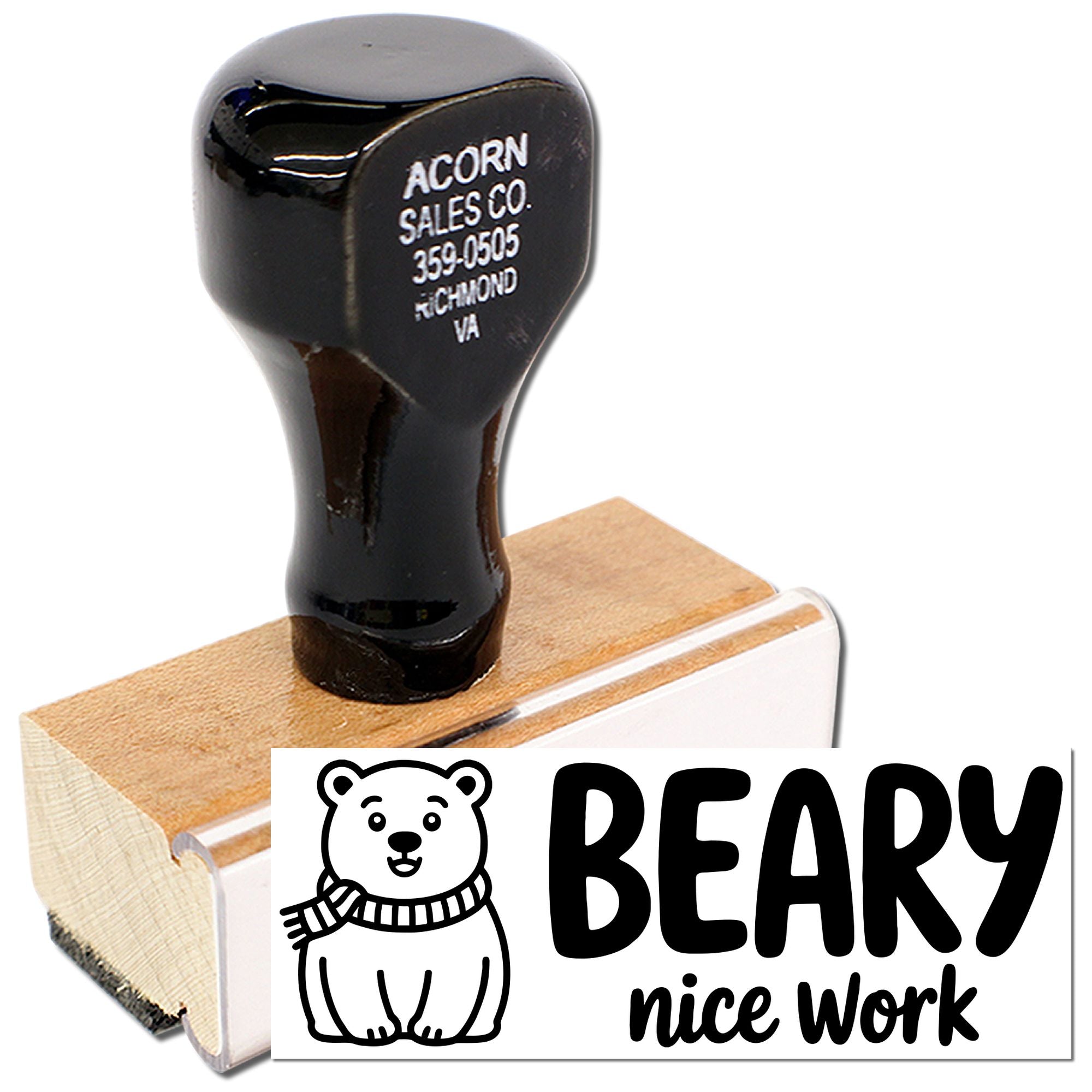 Custom bear rubber stamp with Beary Nice Work message for teacher appreciation, classroom rewards, and craft projects.