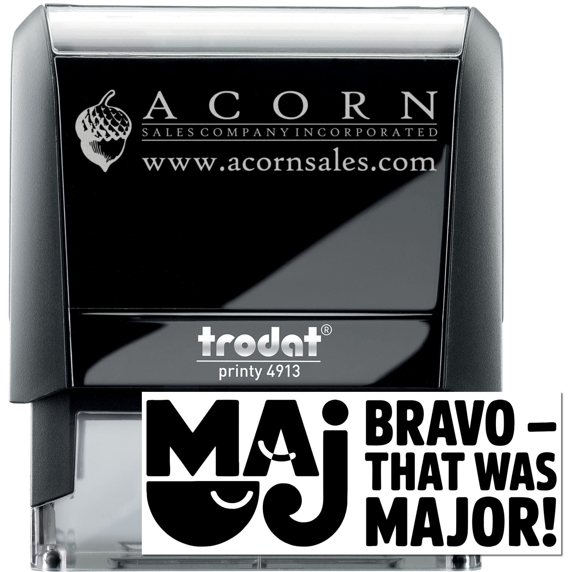 Custom self-inking rubber stamp with Acorn Sales Company logo, website, and Trodat Printy 4913 branding.