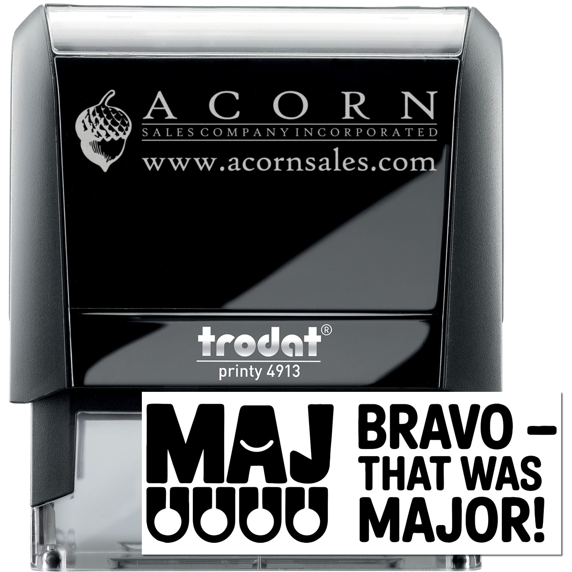 Custom self-inking rubber stamp examples: Acorn Sales logo stamp and bold Maj Bravo text stamp for business branding.