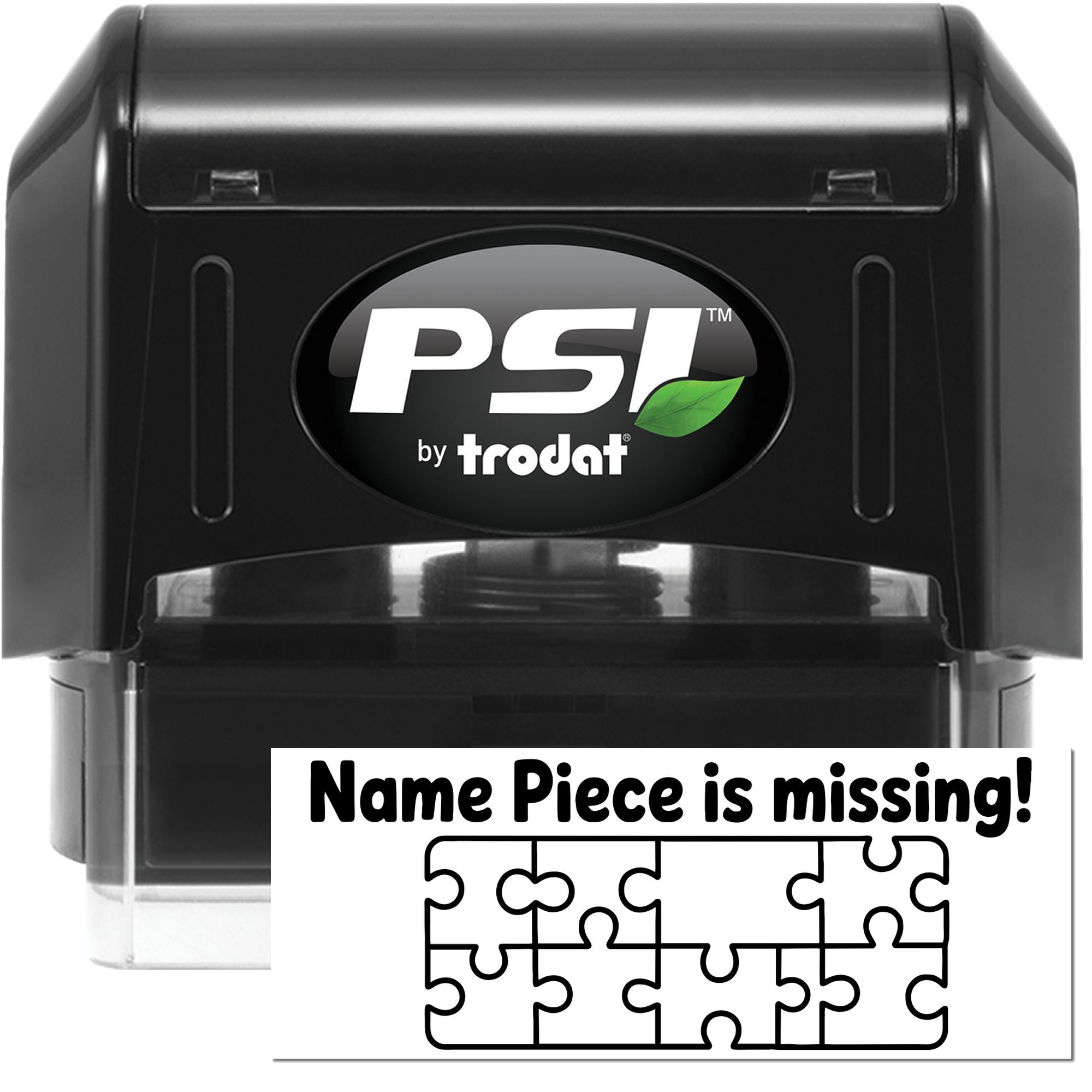 PSI by Trodat rubber stamp with missing name piece notice, showing custom stamp replacement and puzzle-piece graphic.