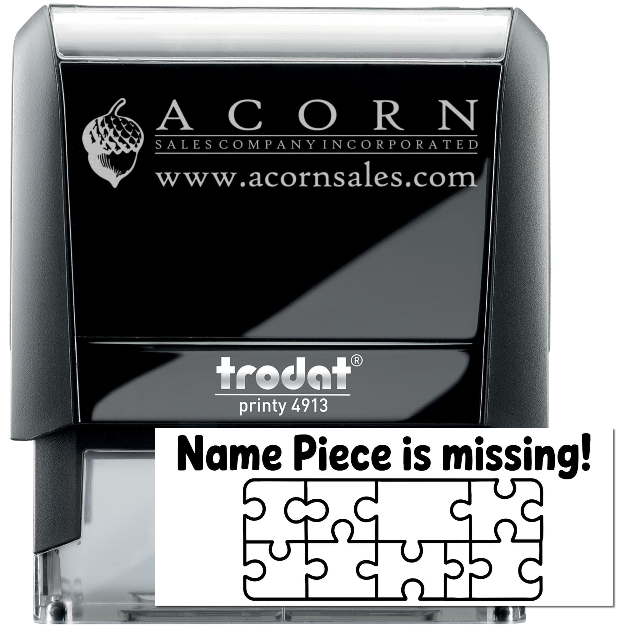 Trodat Printy 4913 self-inking rubber stamp with Acorn Sales Company logo, website, and missing name piece alert.