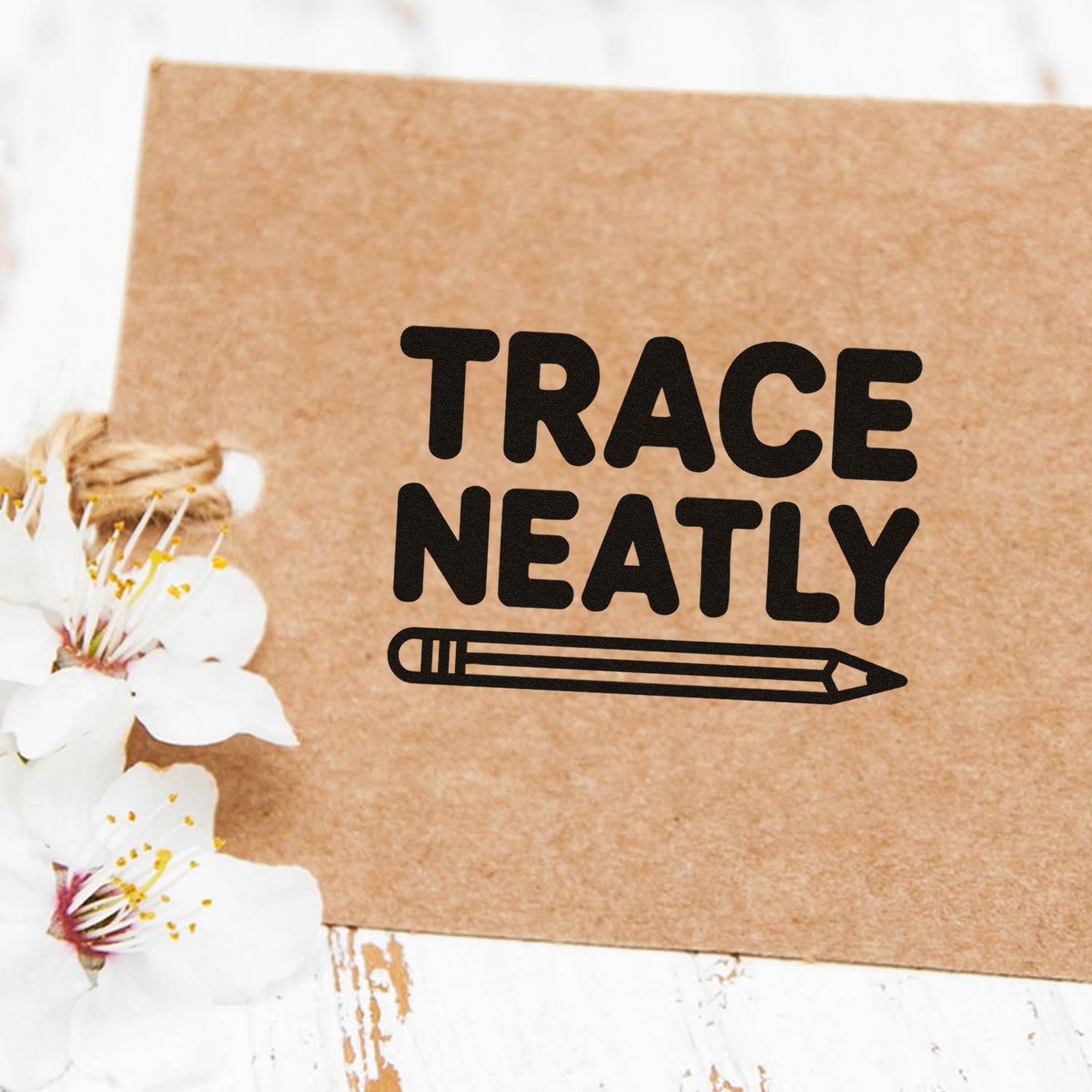Trace Neatly rubber stamp design with pencil icon for crafting, scrapbooking, and custom packaging.