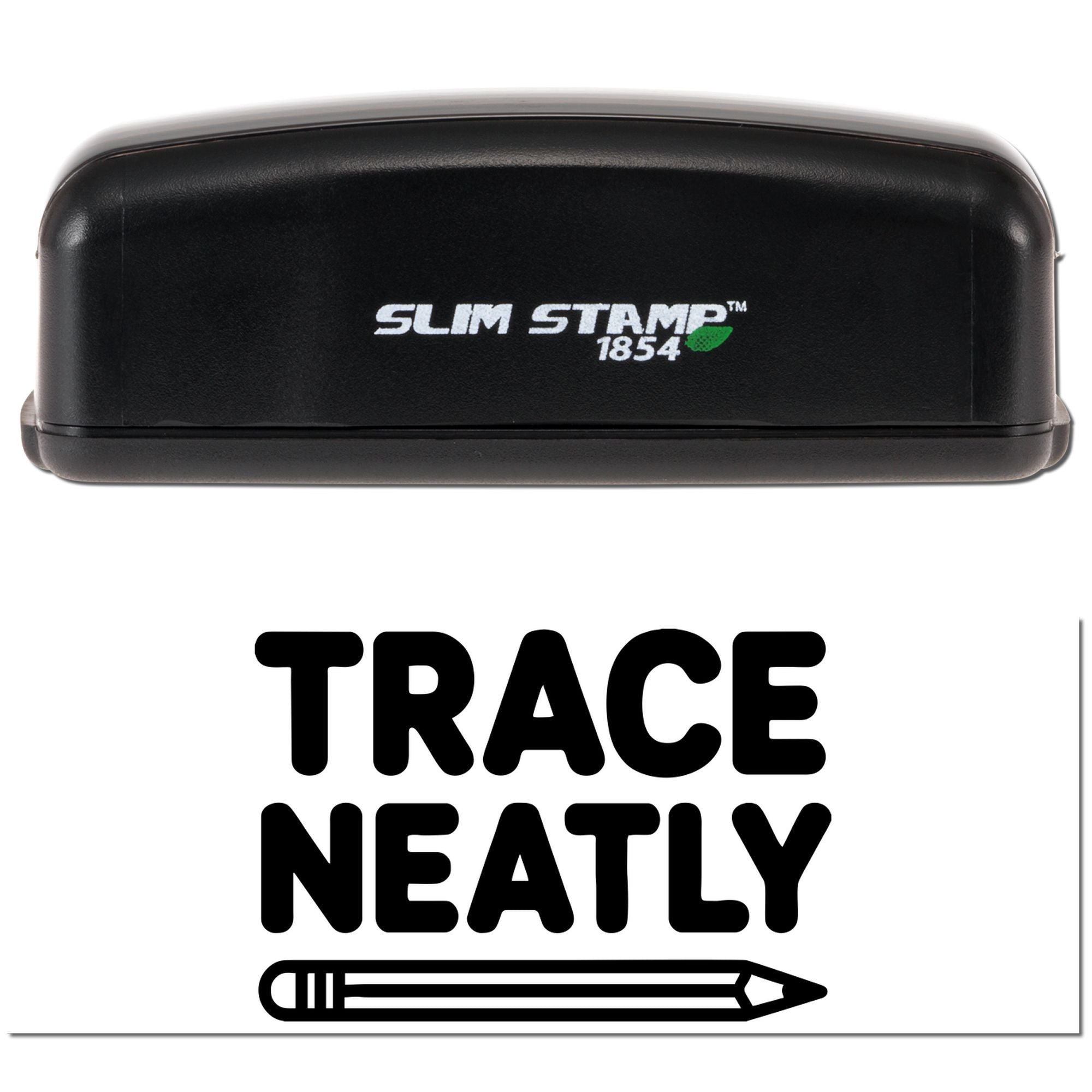 Slim Stamp 1854 self-inking rubber stamp with Trace Neatly design for marking assignments, forms, and documents.