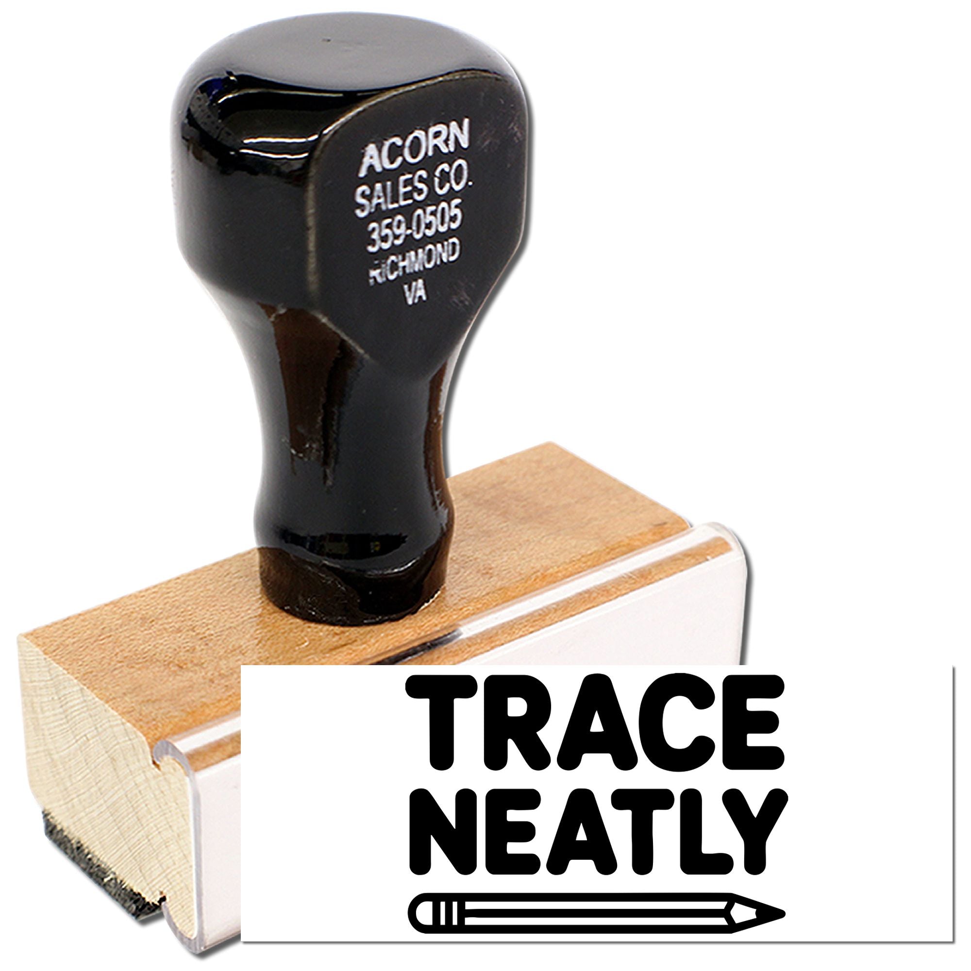 Custom wood handle rubber stamp with Trace Neatly text for tracing, labeling, and classroom or office use.