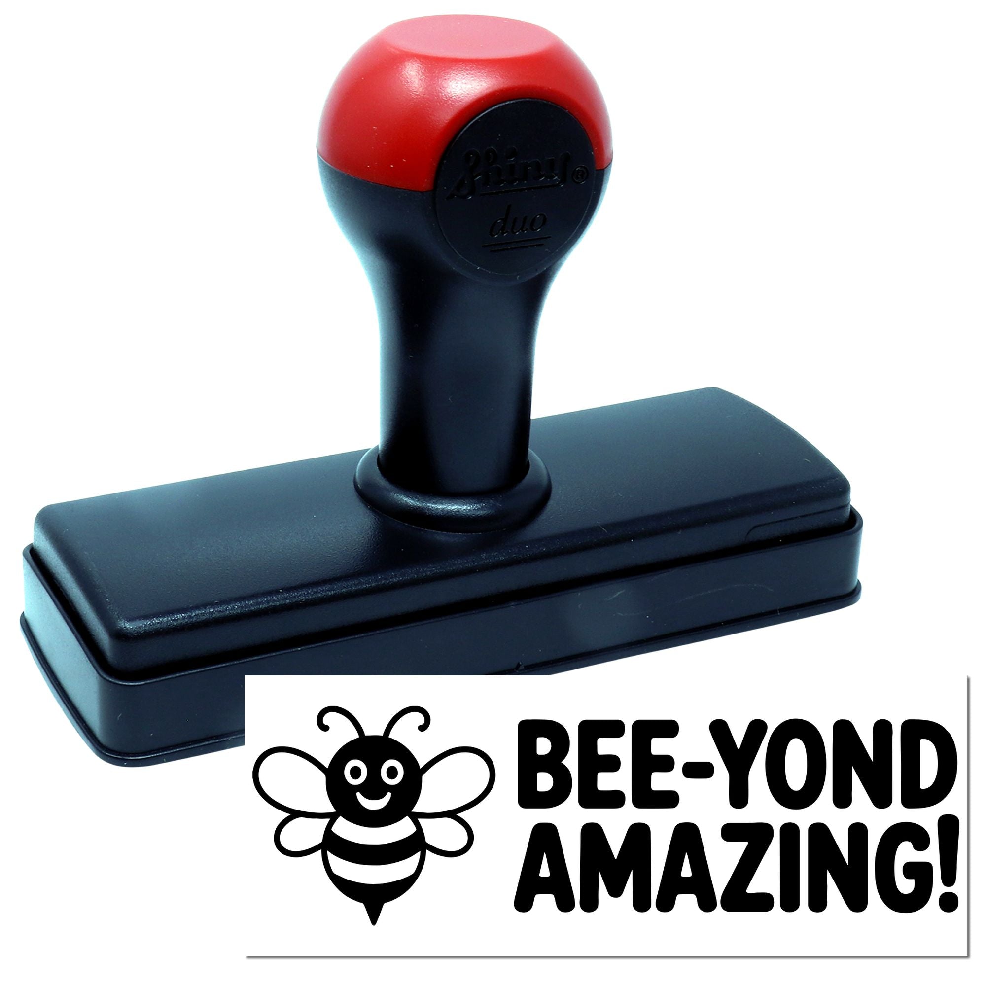 Self-inking rubber stamp with bee design and Bee-Yond Amazing! custom stamp impression for teachers and businesses.
