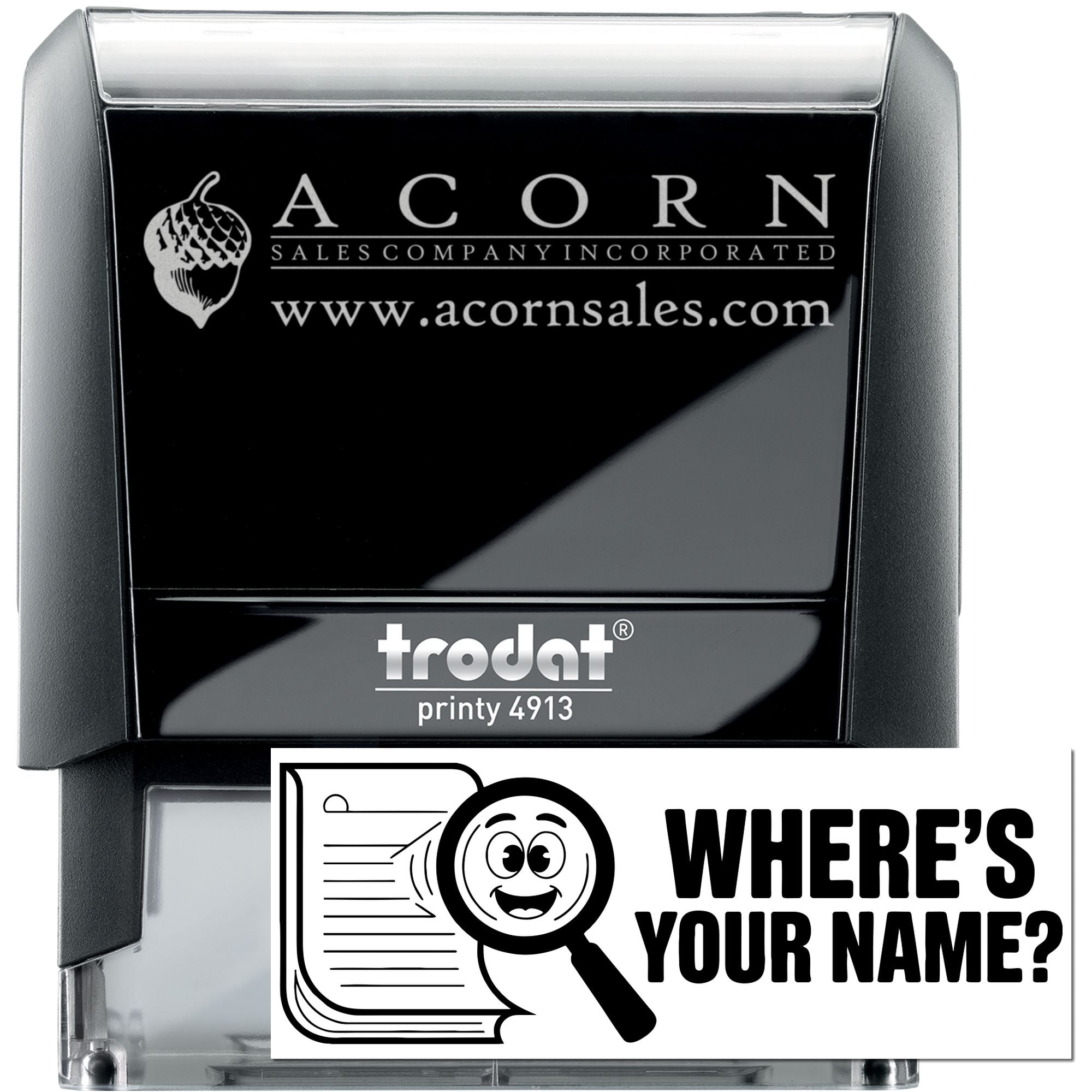 Custom self-inking rubber stamp with Acorn Sales logo and website, Trodat Printy 4913 for business branding.