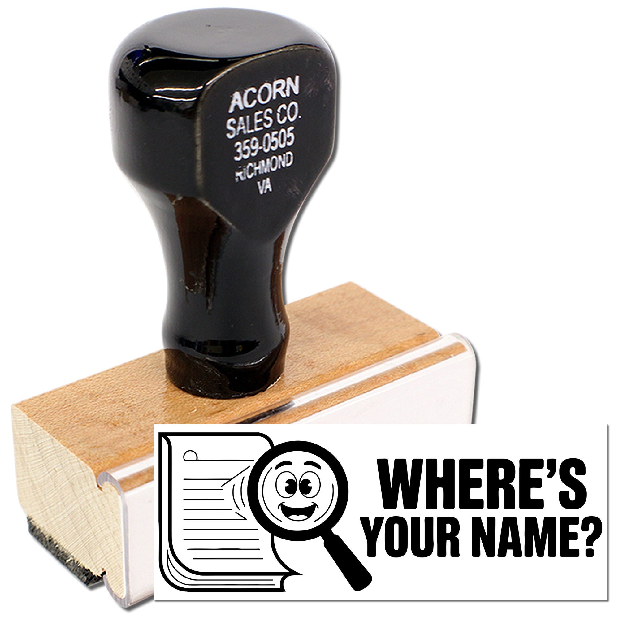 Custom rubber name stamp on wooden block with personalized business imprint and Wheres Your Name? branding.