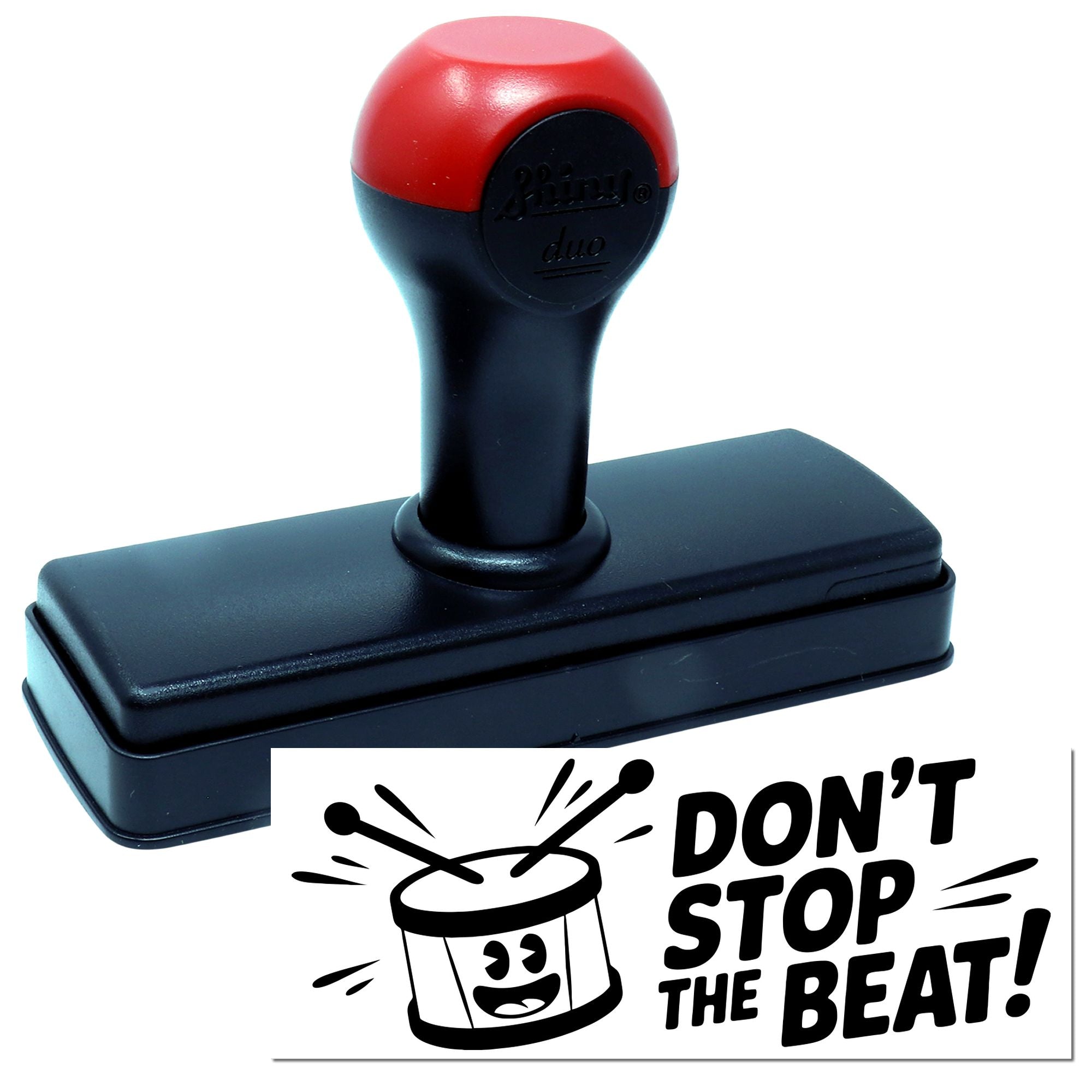 Self-inking rubber stamp with Dont Stop the Beat! drummer design for music-themed branding and promotions.