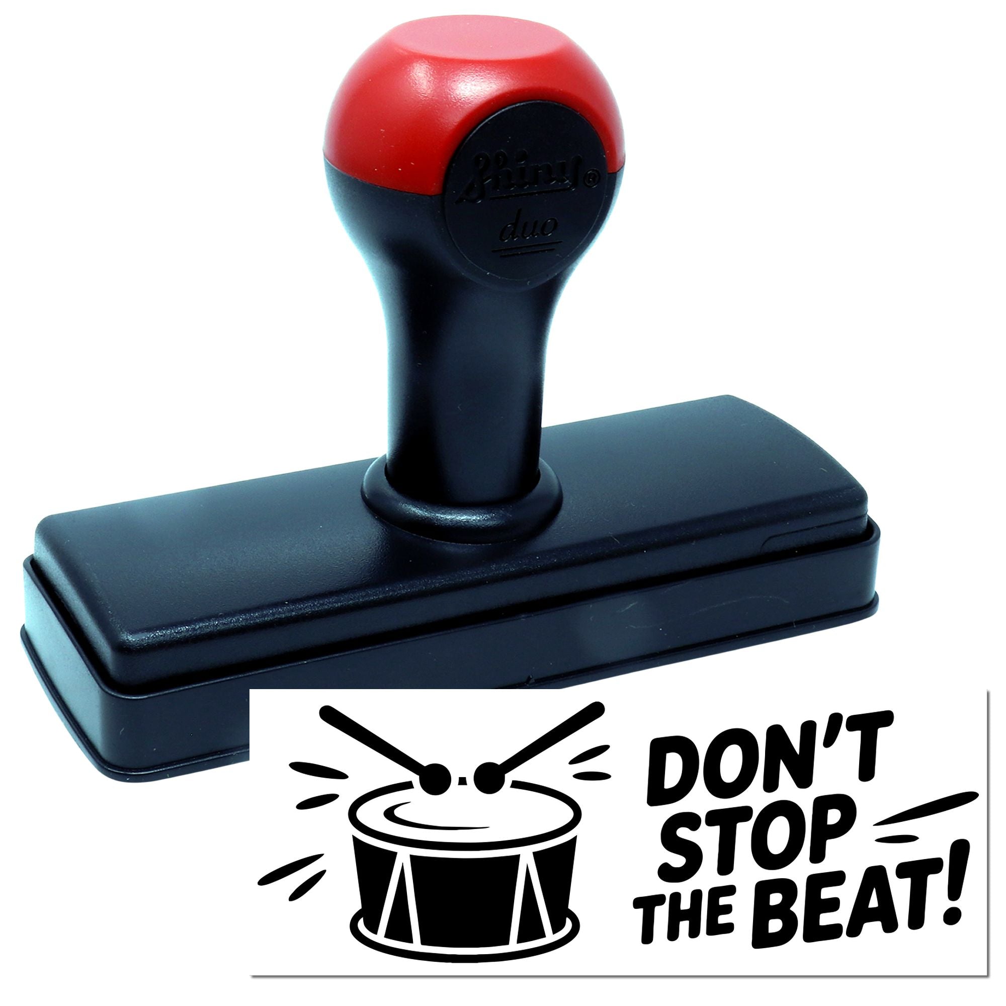 Self-inking rubber stamp with drum graphic and Dont Stop the Beat! imprint for music events, teachers, and performers.