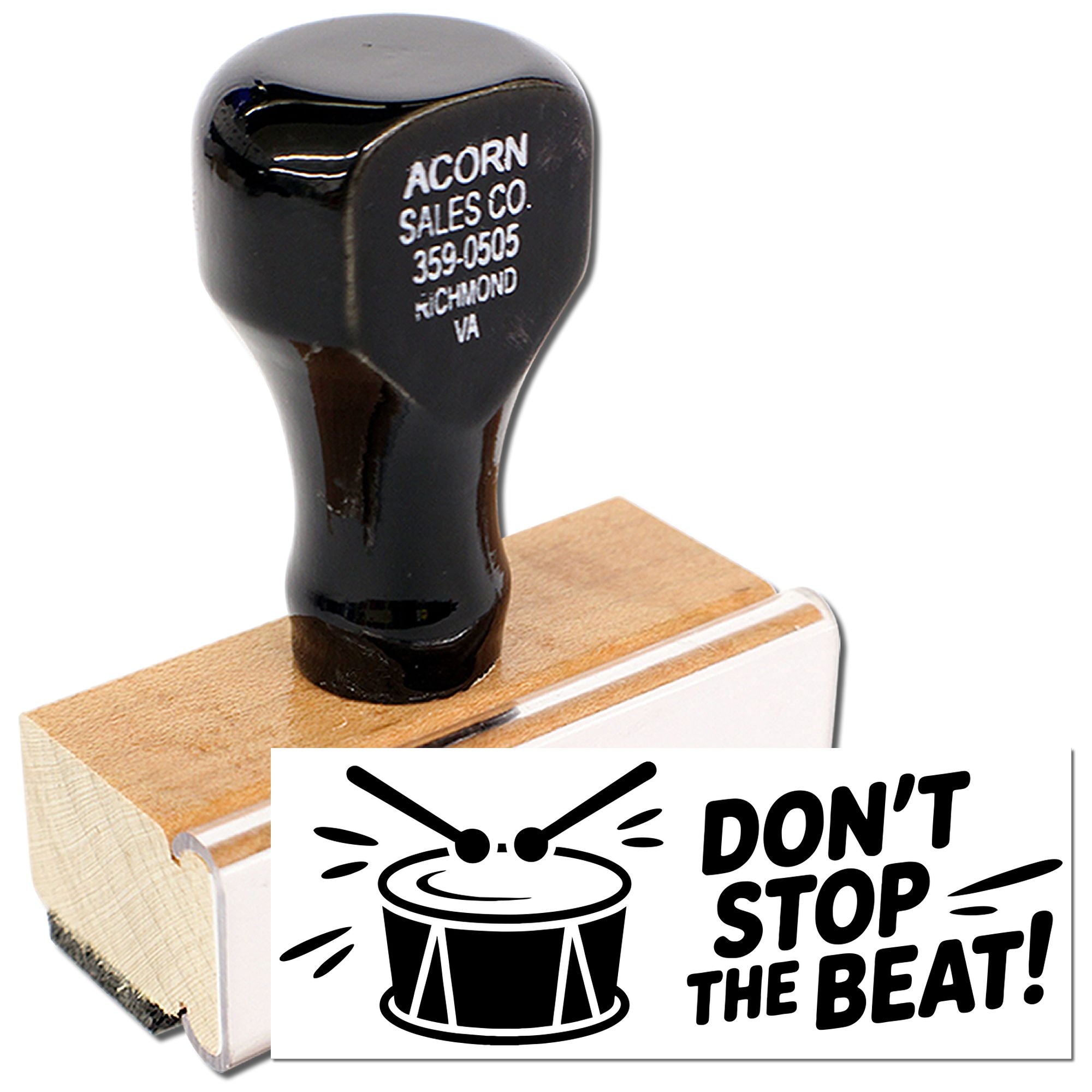 Custom rubber stamp with Dont Stop the Beat! drum graphic for music-themed branding, crafts, and promotions.