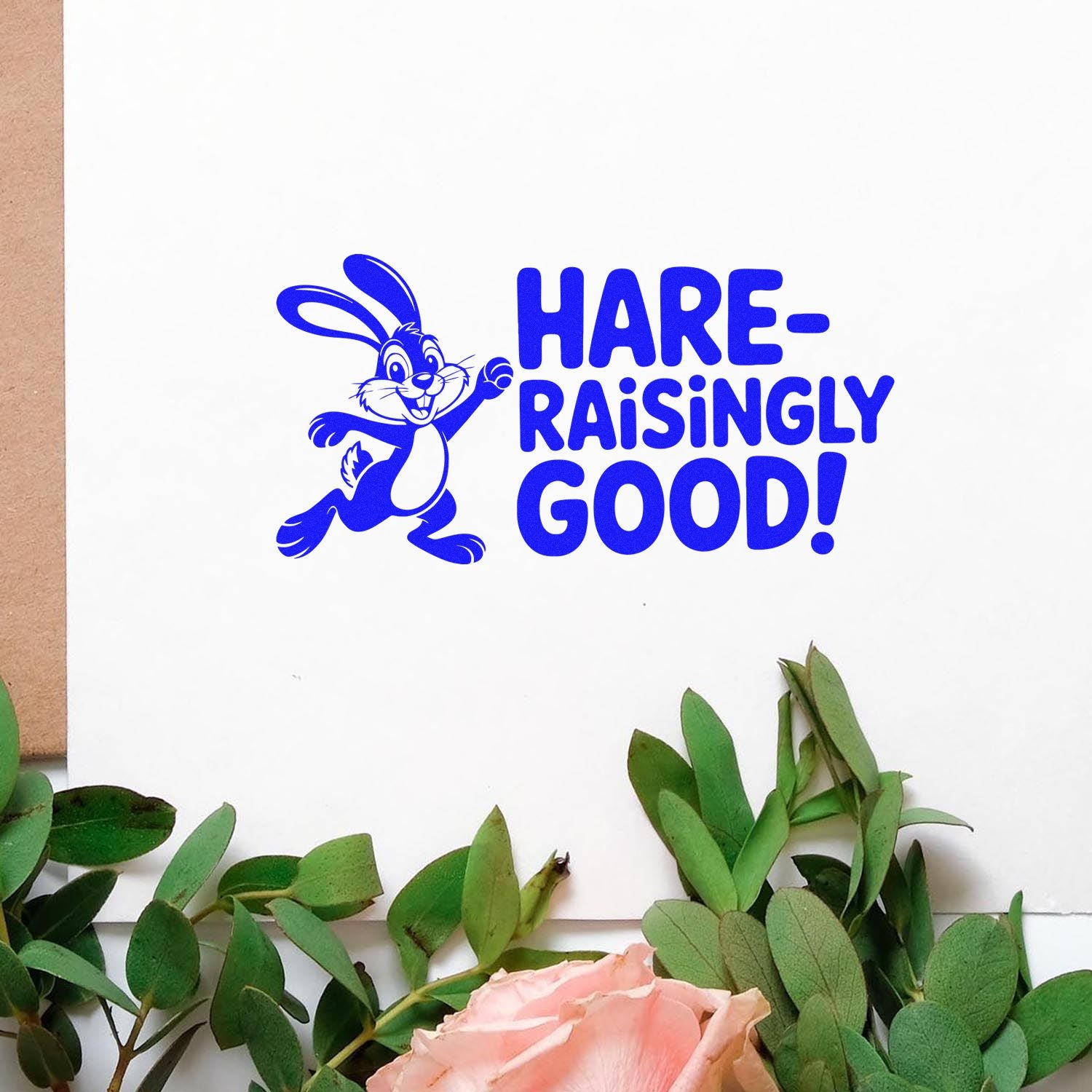 Blue Hare-Raisingly Good! rabbit rubber stamp for cards, scrapbooking, and playful packaging.