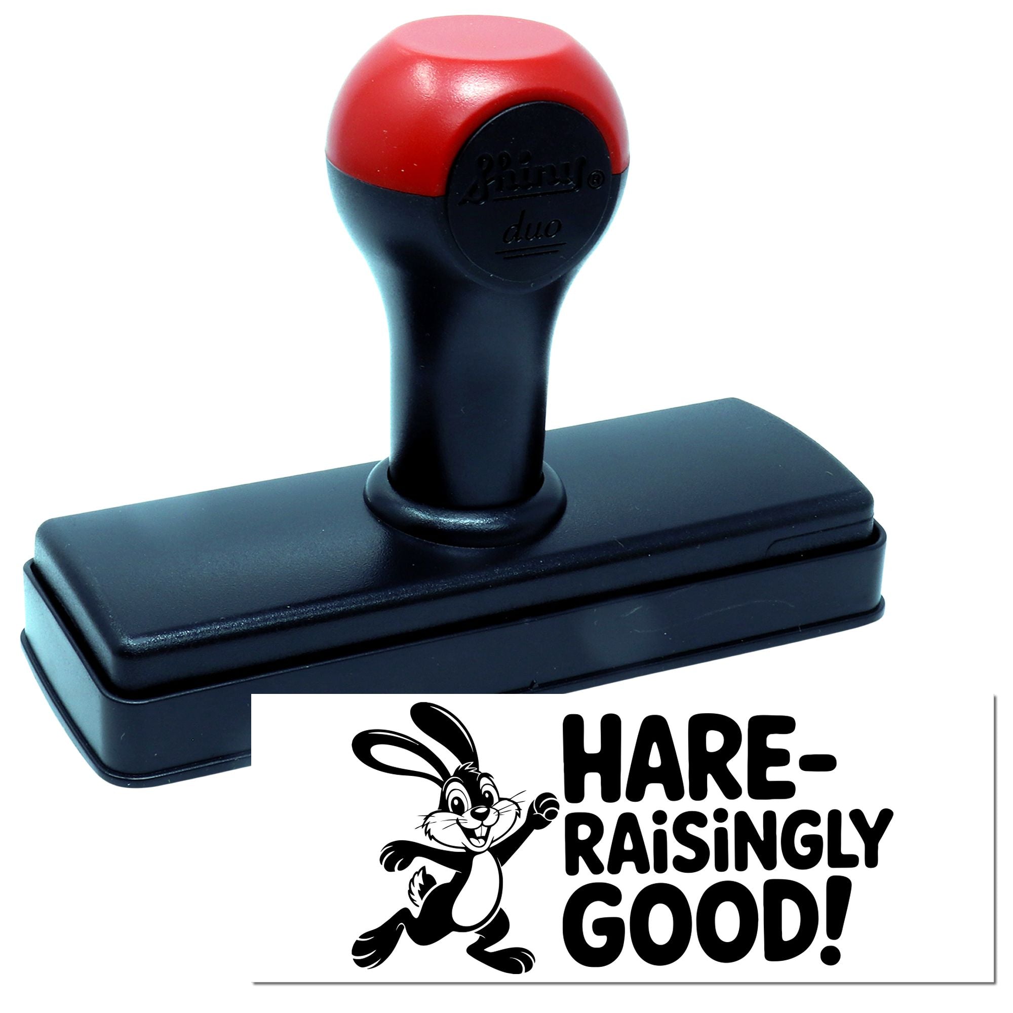 Self-inking rubber stamp with Hare-Raisingly Good! bunny design for cards, crafts, and custom branding.