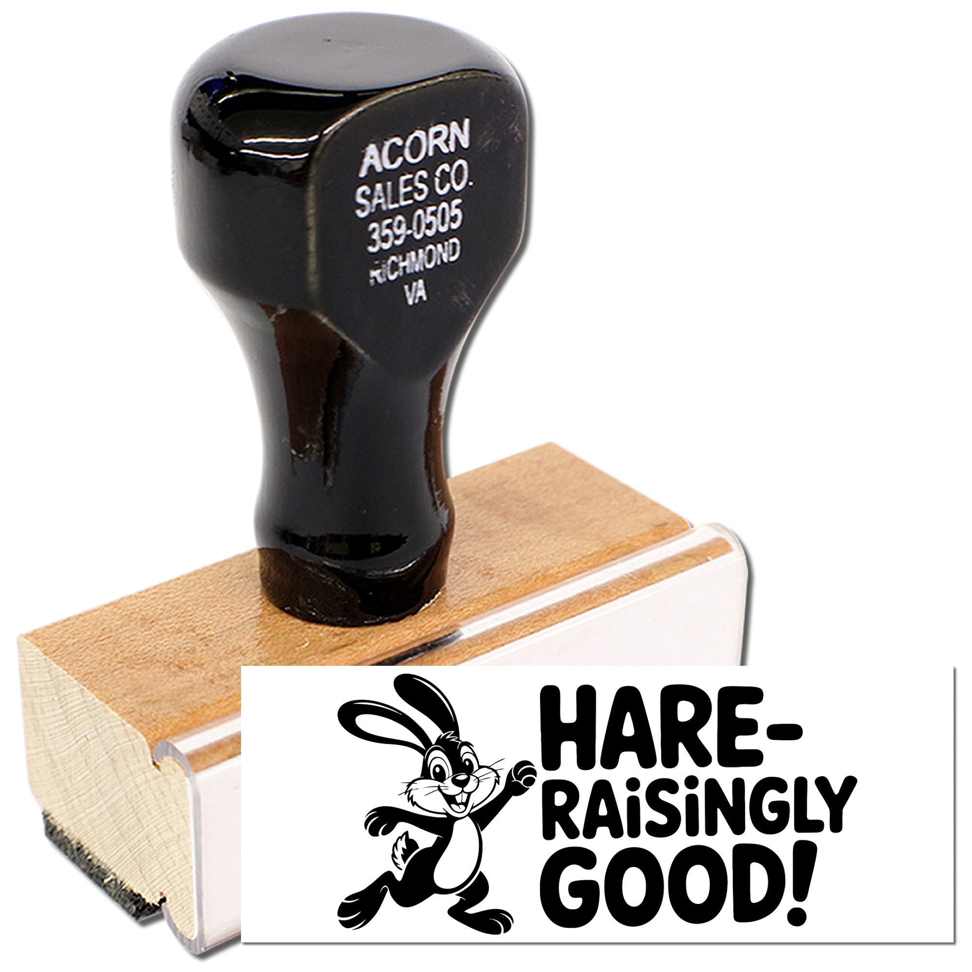 Custom rubber stamp with Hare-Raisingly Good! bunny design for crafting, packaging, and business branding.