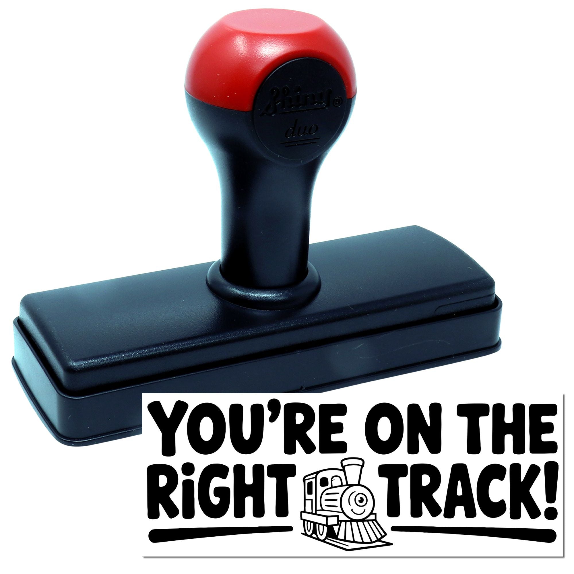 Self-inking rubber stamp with Youre on the right track! message and train icon for motivational branding.