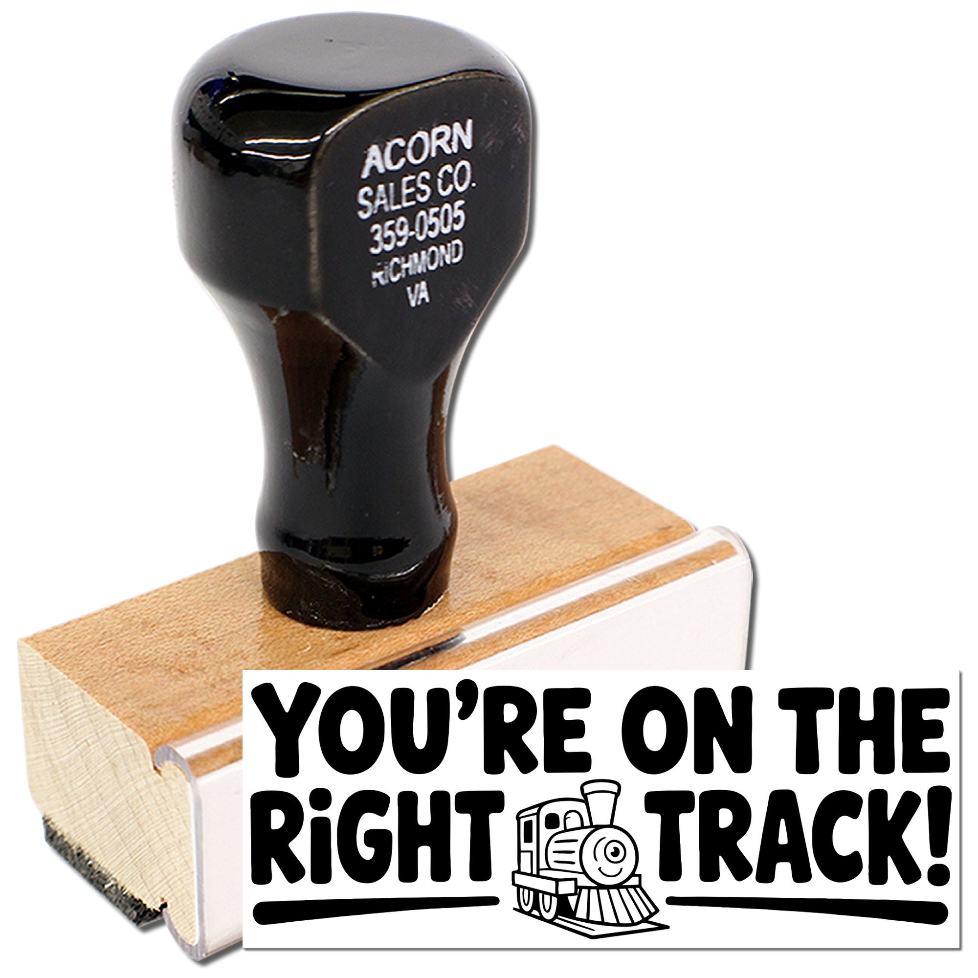Custom rubber stamp with Youre on the right track! train design for motivational packaging or office use.