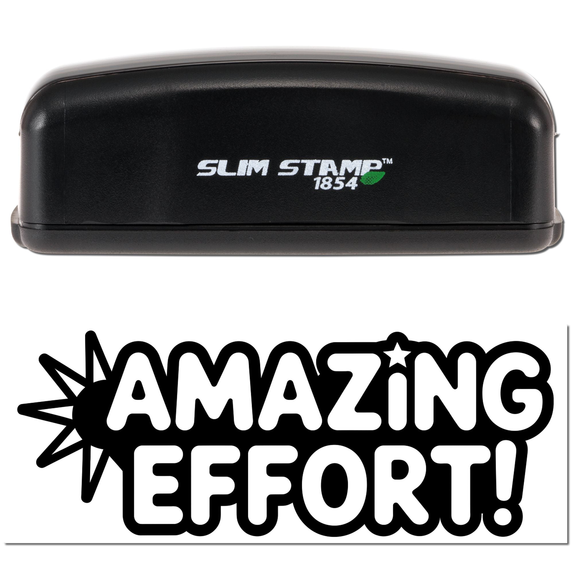Black Slim Stamp 1854 self-inking rubber stamp with Amazing Effort! impression for teacher reward and praise marking.