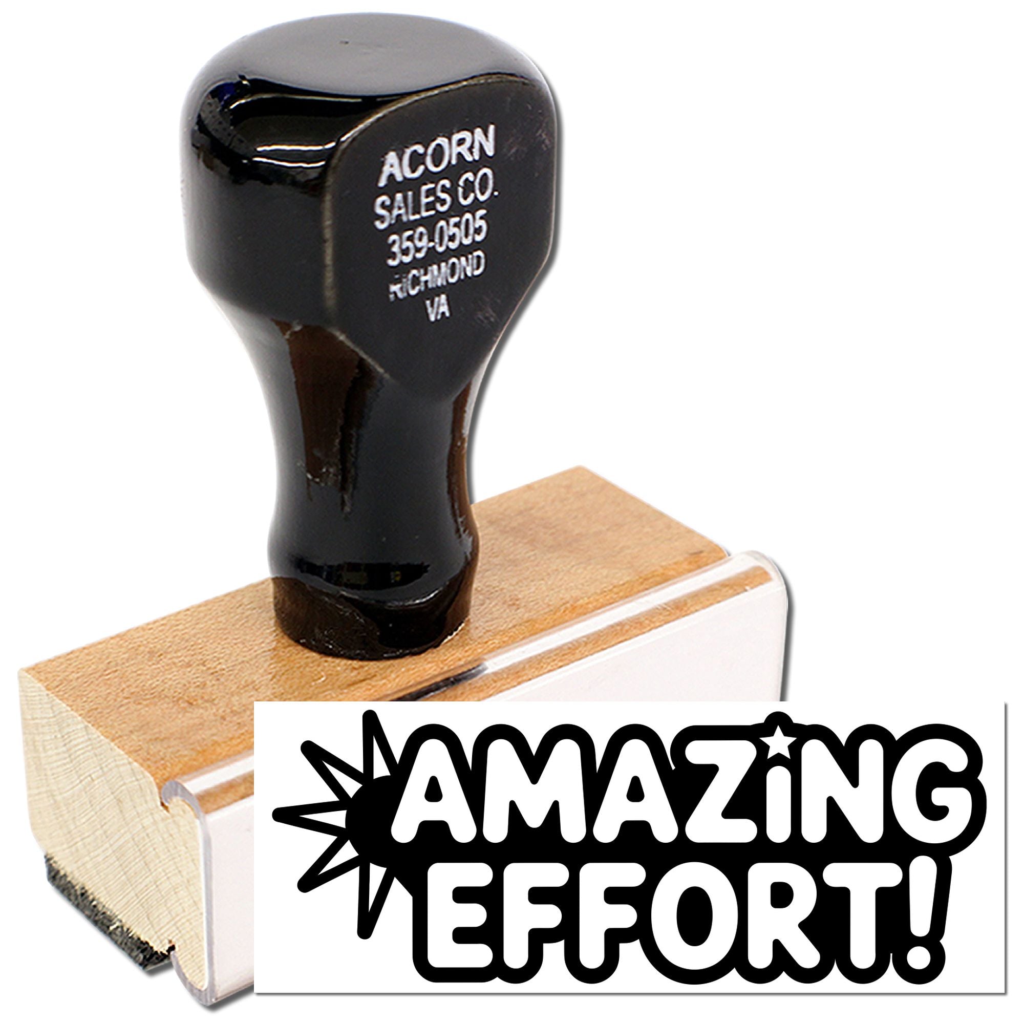 Custom rubber stamp with Amazing Effort! design for teacher feedback, rewards, and motivational stamping.