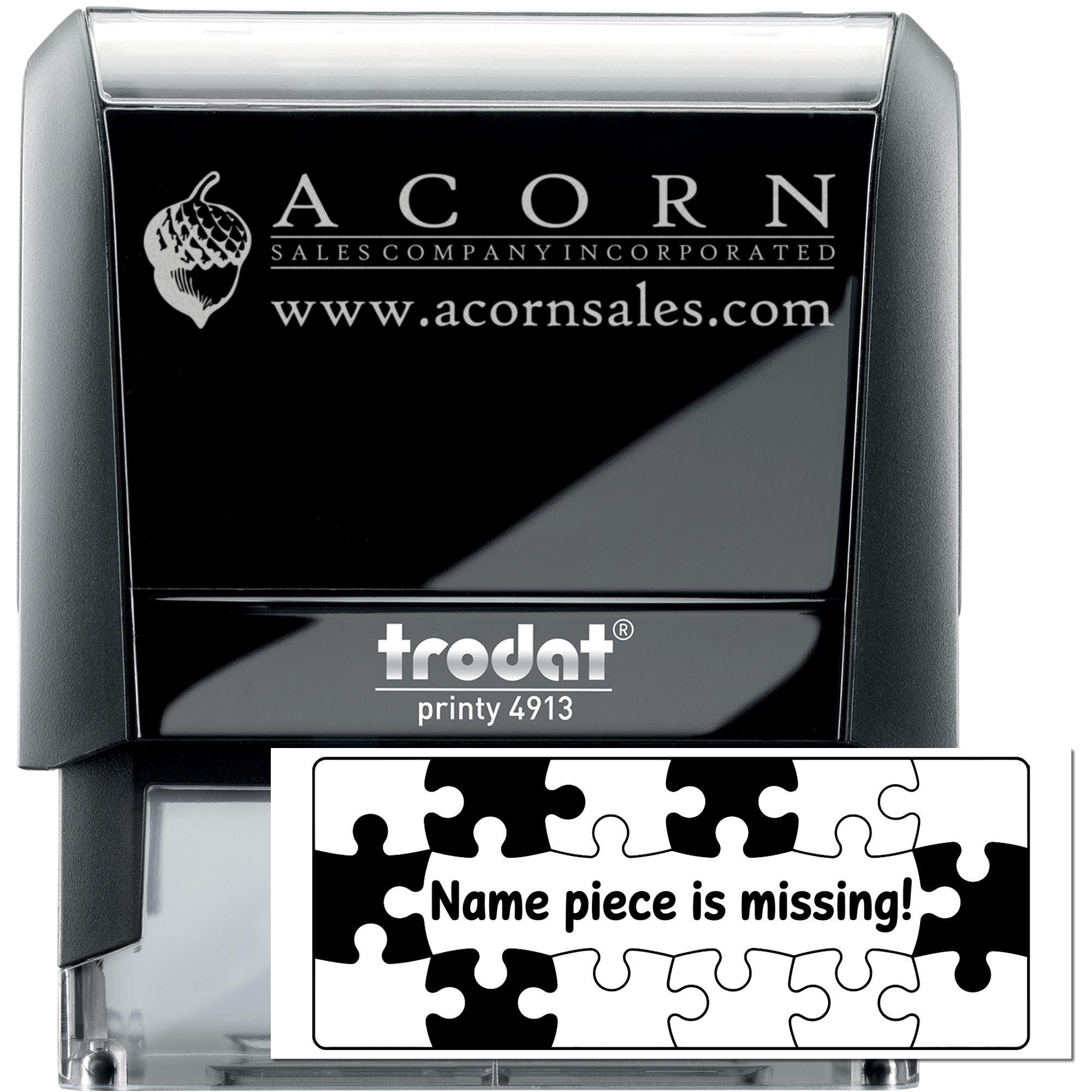 Custom self-inking rubber stamp for Acorn Sales Company, featuring logo and Trodat Printy 4913 business stamp.