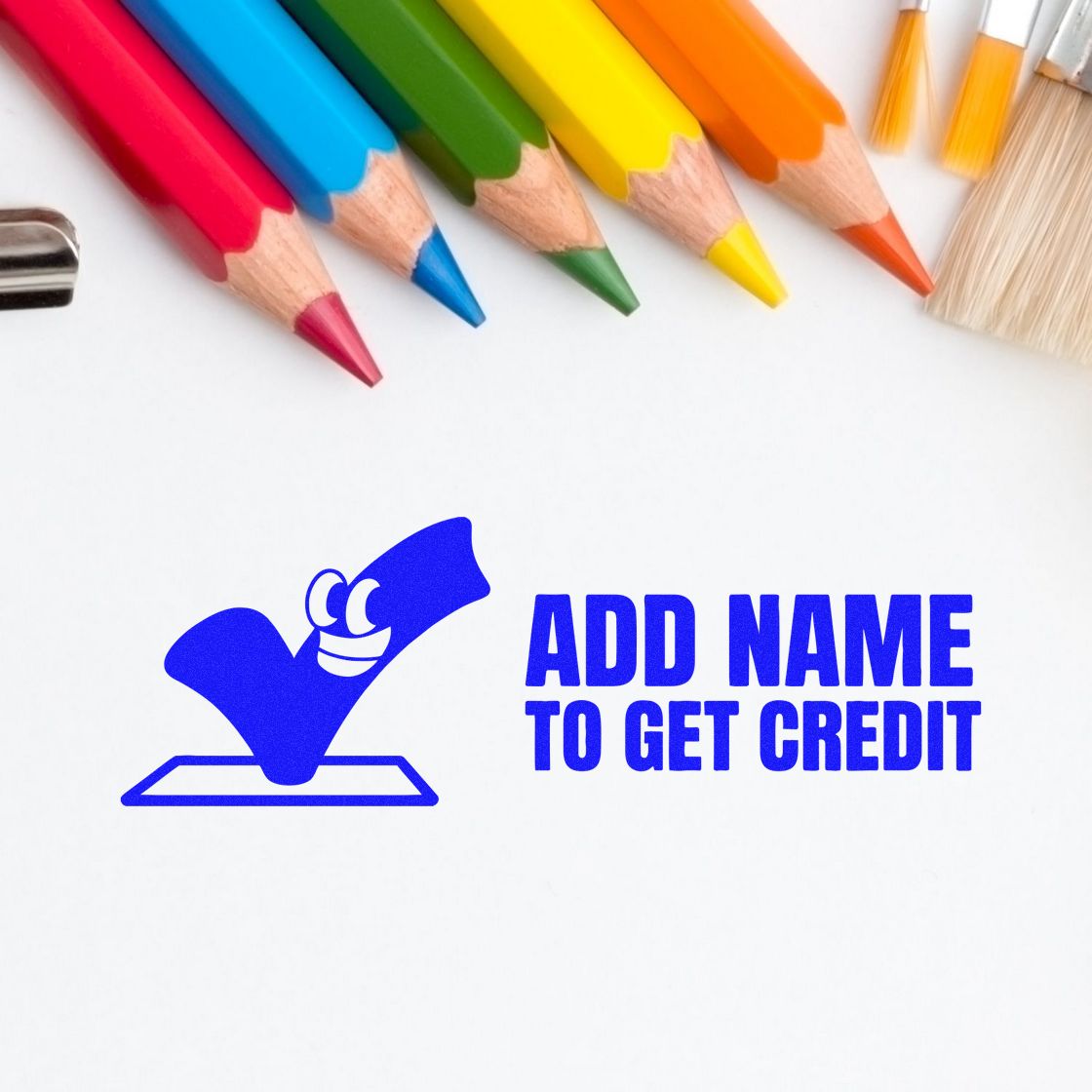 Custom rubber stamp design reading Add Name to Get Credit with colored pencils and brushes for personalized branding.