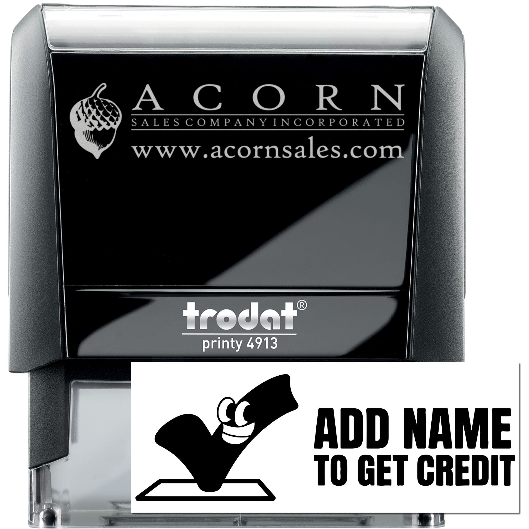 Custom Trodat Printy 4913 self-inking rubber stamp with Acorn Sales Company logo and website for business branding.