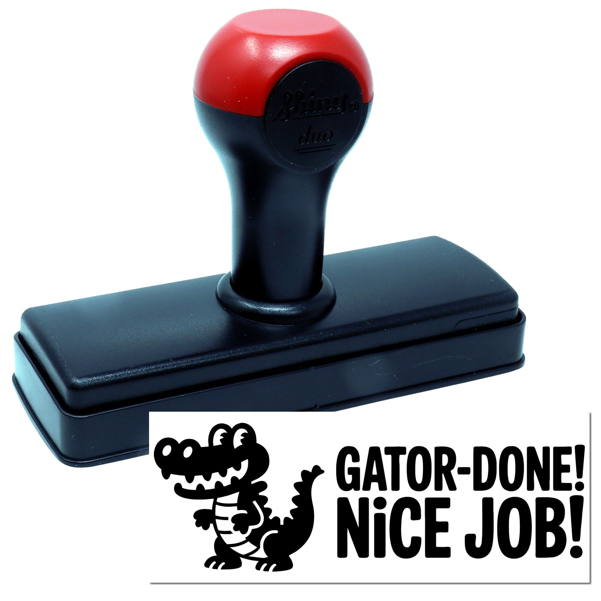 Self-inking rubber stamp with alligator design and Gator-Done! Nice Job! message for fun approval and reward marking.