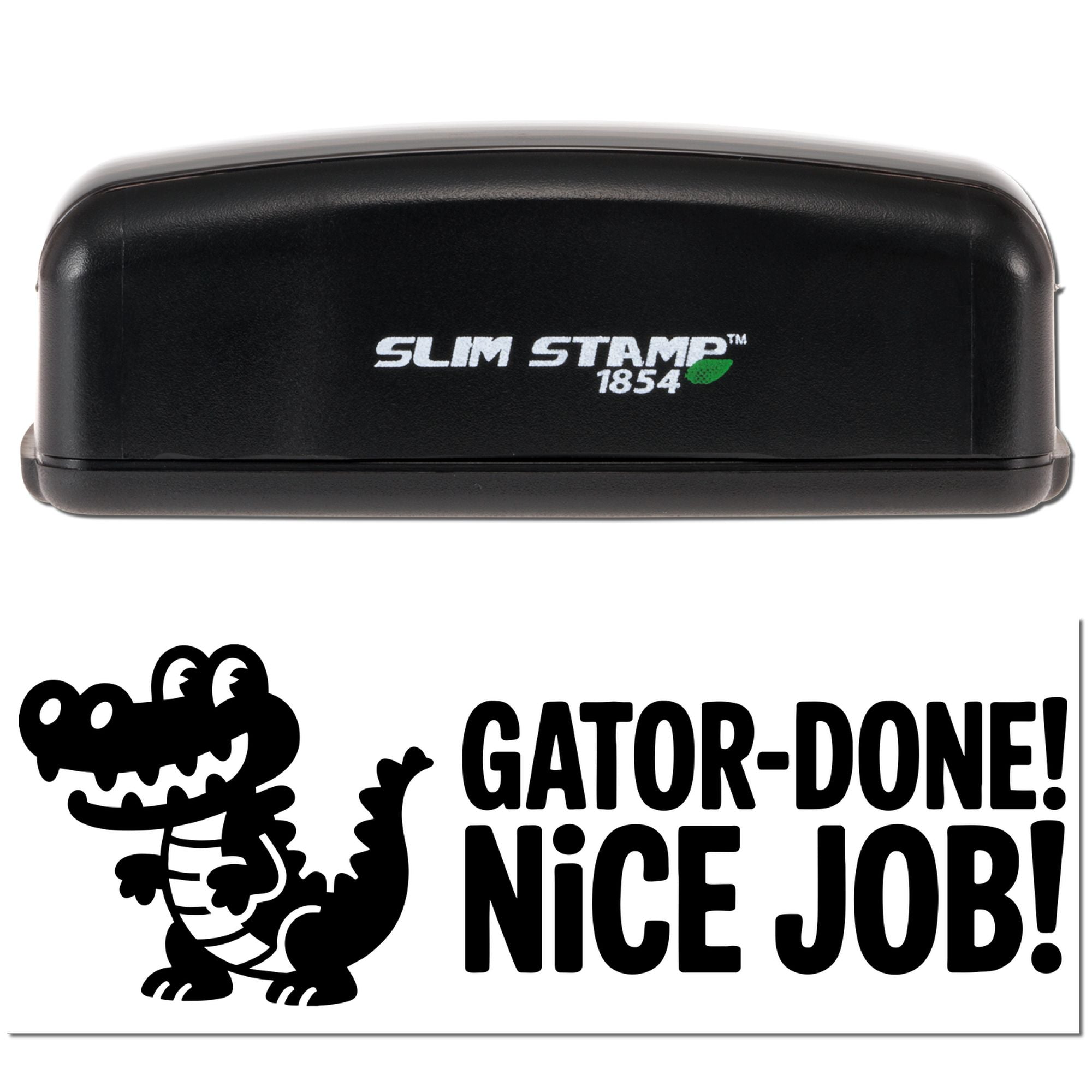 Custom rubber stamp with Gator-Done! Nice Job! dinosaur imprint, ideal for fun office praise and teacher rewards.