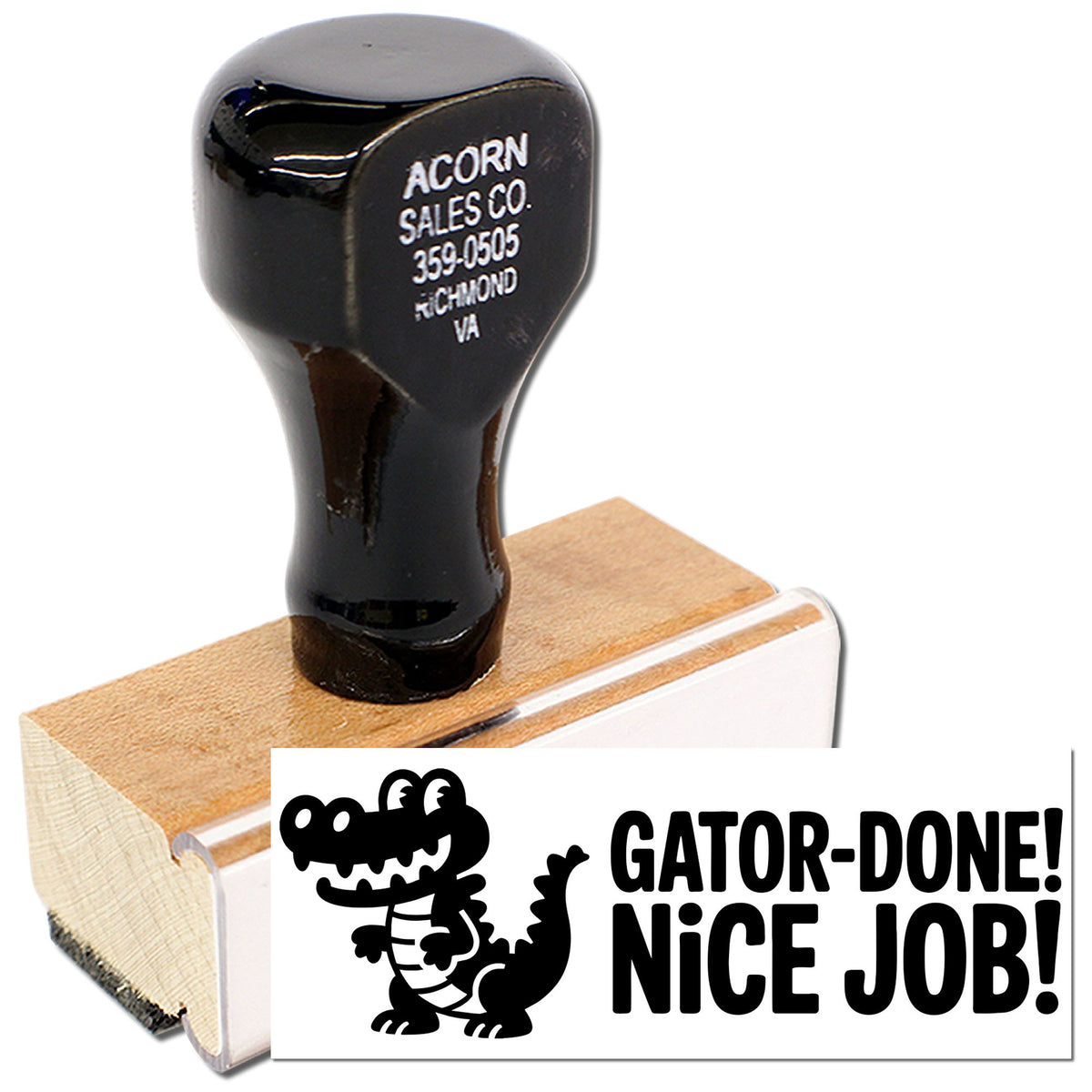 Custom rubber stamp with cartoon alligator and Gator-Done! Nice Job! message on wooden mount for fun office or teacher use.