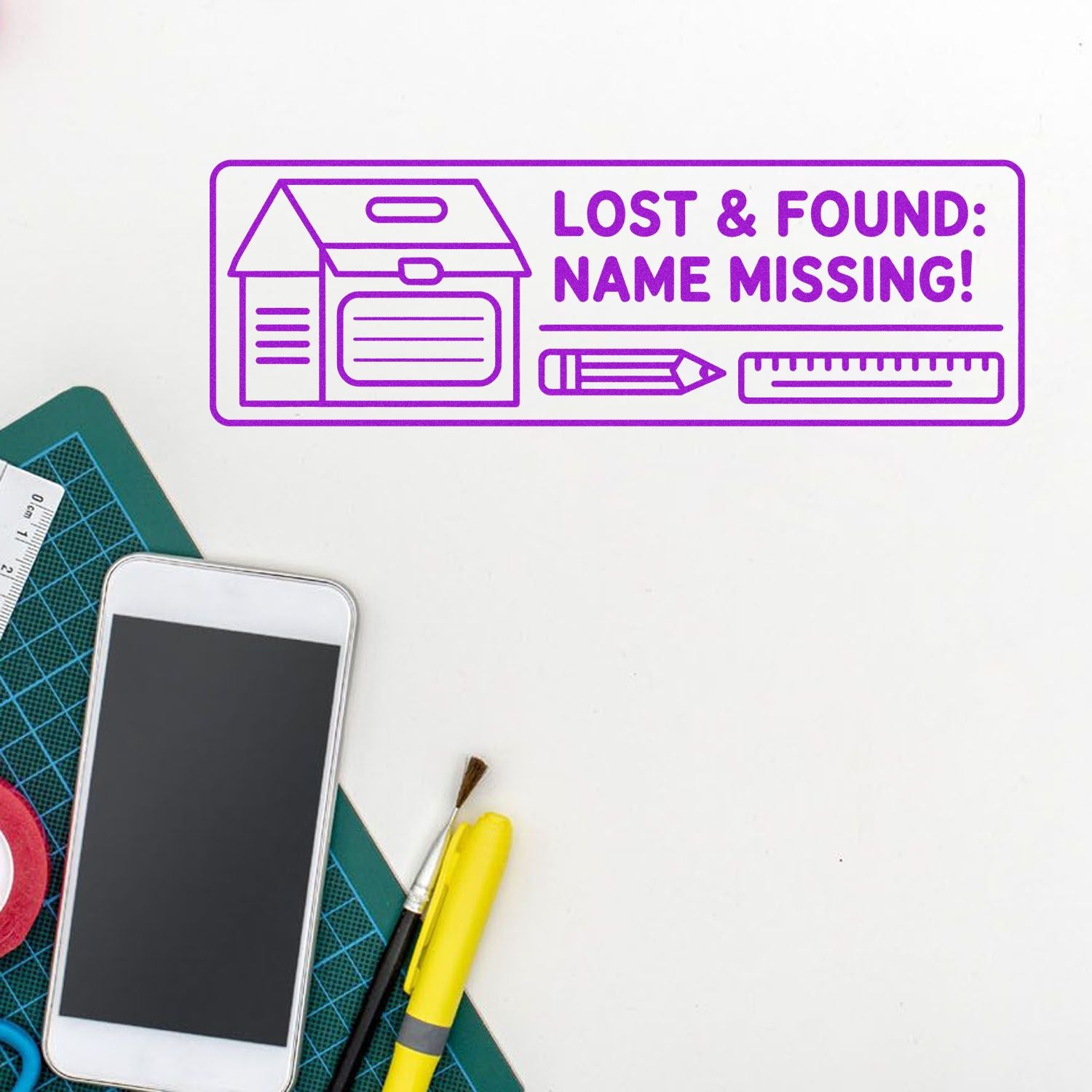 Custom rubber stamp design reading Lost & Found: Name Missing for labeling school supplies and personal items.