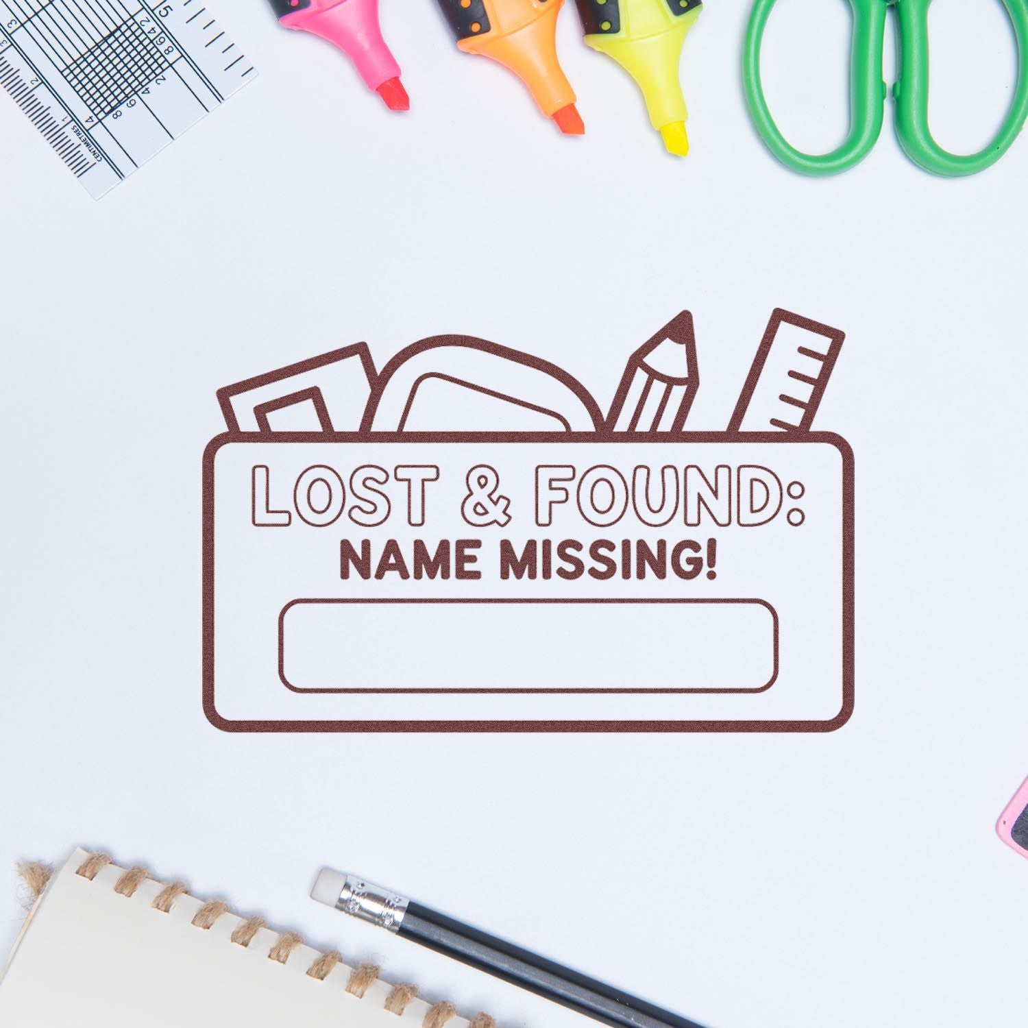 Lost and found rubber stamp design with Name Missing! label for marking school supplies and student belongings.
